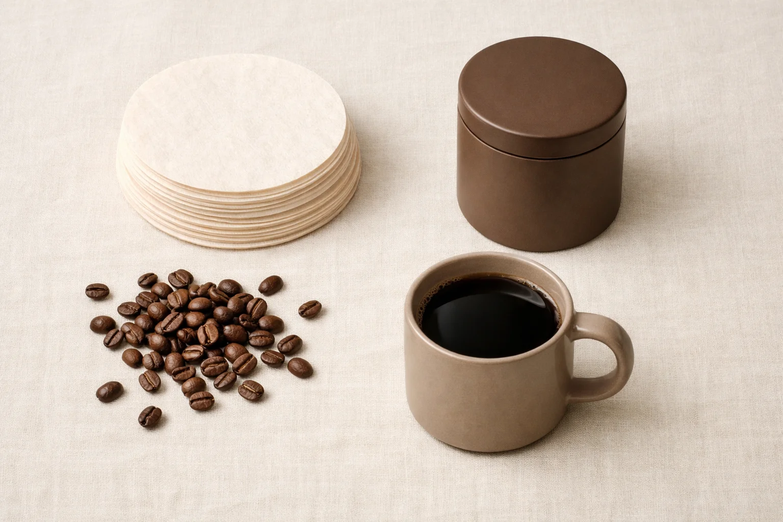 A tidy flat-lay of coffee accessories with a stack of paper filters, a small canister, a mug of black coffee, and scattered coffee beans on a warm linen surface.