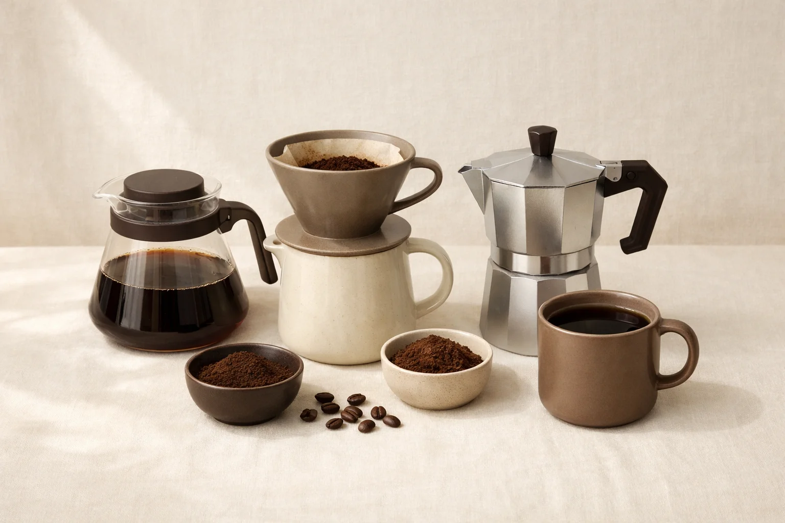 A curated lineup of AeroPress alternative coffee brewers on a warm cream linen countertop, including a manual press brewer, immersion dripper, French press, portable espresso maker, and moka pot with coffee beans and a fresh mug.
