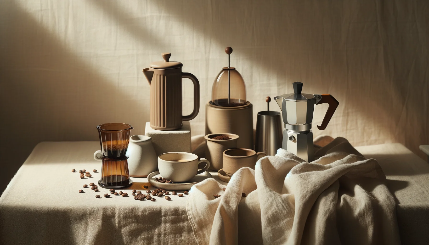 A lineup of manual coffee brewers including a press brewer, ceramic immersion dripper, travel press, and moka pot on a warm linen counter with coffee beans.
