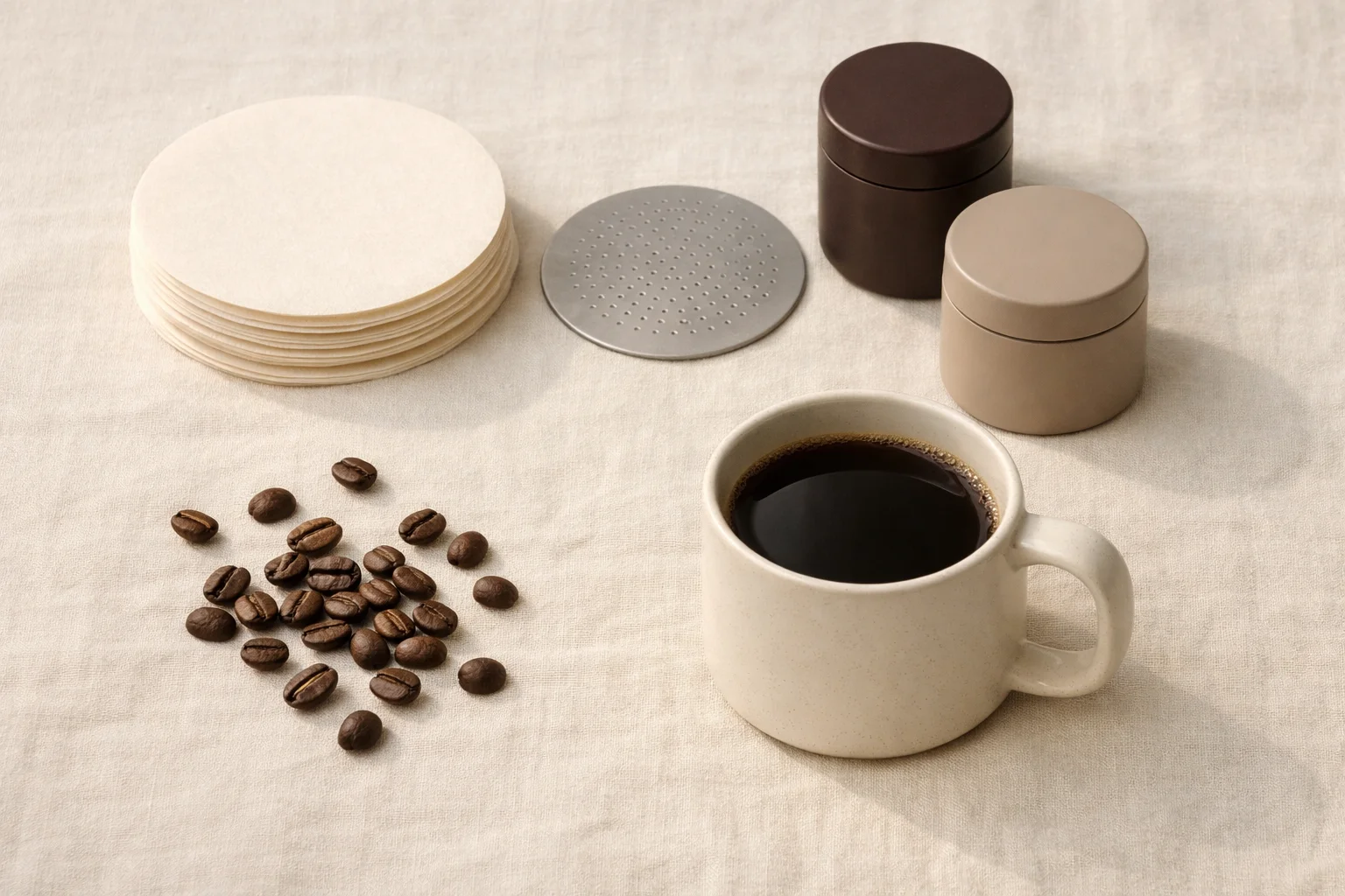 A warm-toned flat-lay of coffee accessories — a stack of paper filters, a reusable metal filter disc, two small canisters, scattered coffee beans, and a ceramic mug of black coffee on linen.