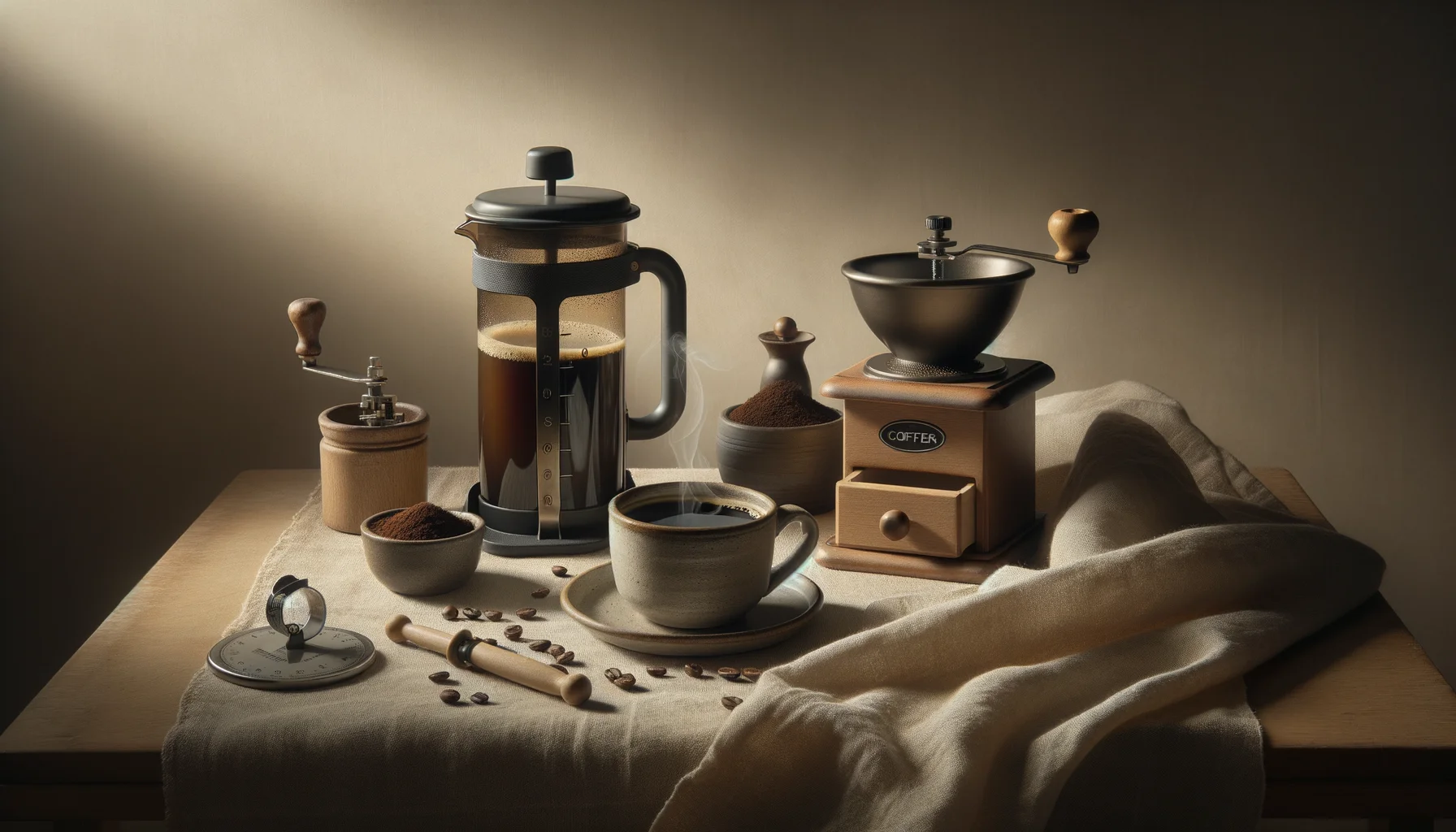 A glass French press beside two manual coffee grinders and a mug of black coffee on a warm cream linen surface