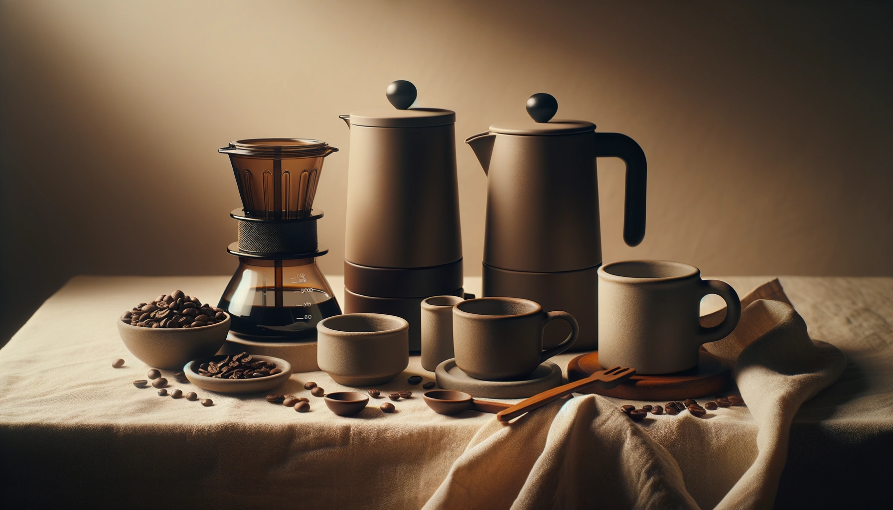 A pair of stovetop-style coffee makers beside a pour-over dripper, plain mugs, and scattered coffee beans on a warm cream surface in soft morning light.