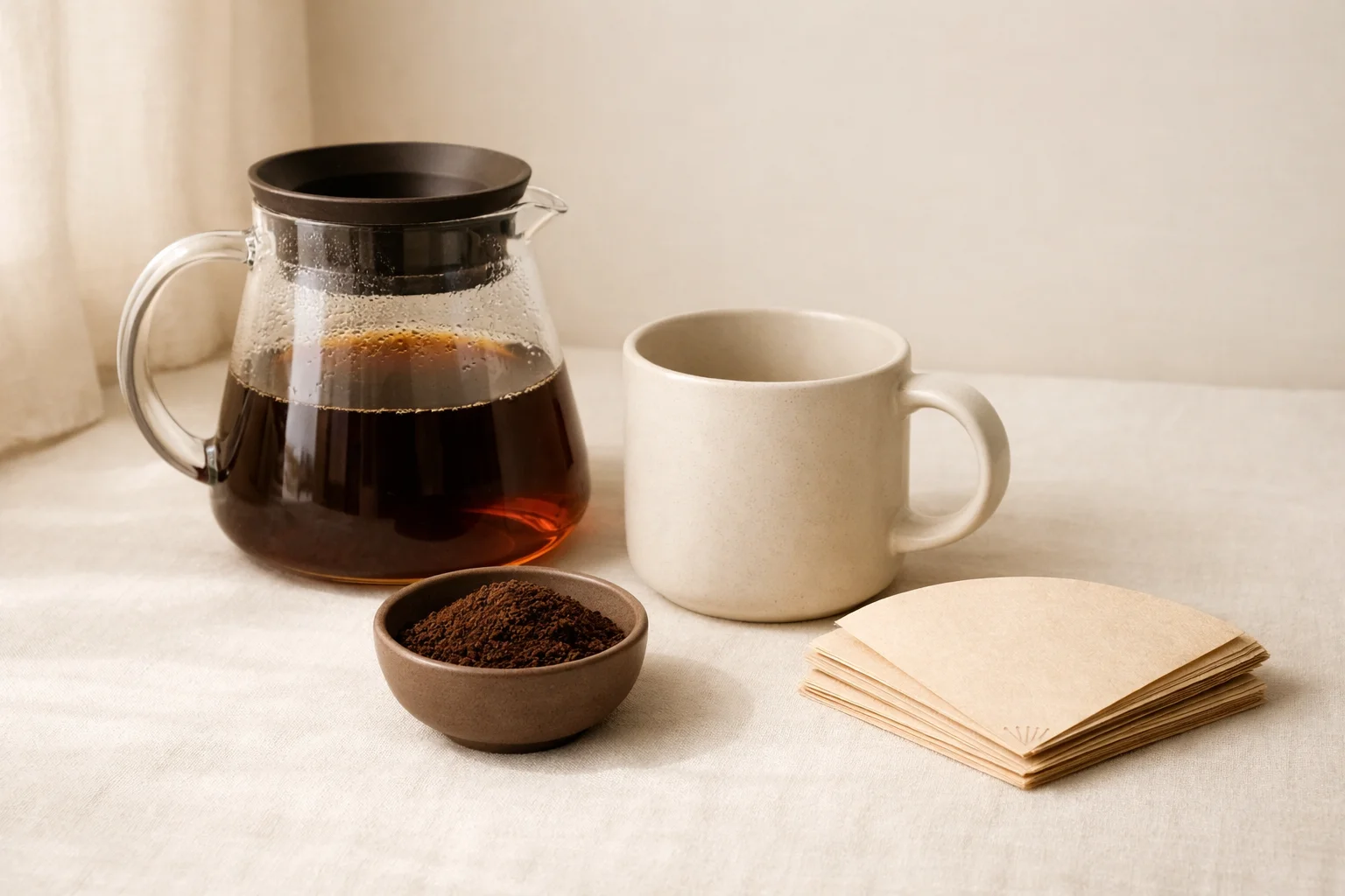 A clean coffee setup with a glass carafe of coffee, a ceramic mug, a bowl of fresh grounds, and stacked paper filters on a warm linen surface.