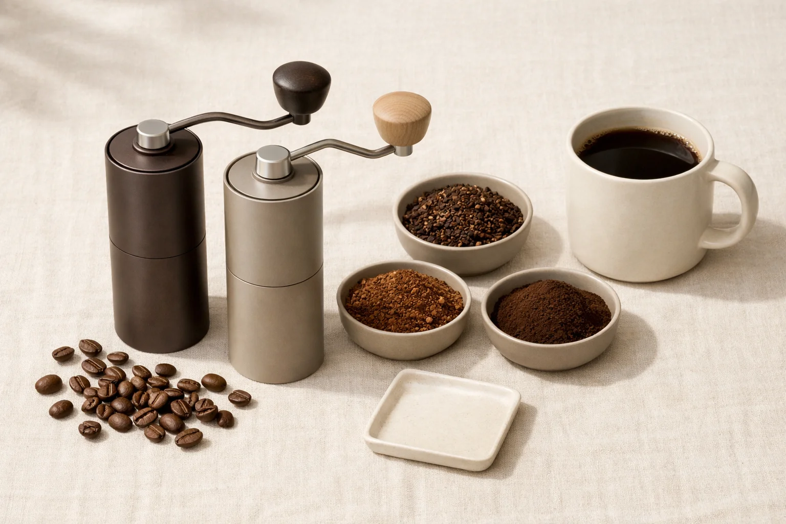 Manual and electric coffee grinders arranged beside an AeroPress brewer on a warm kitchen counter