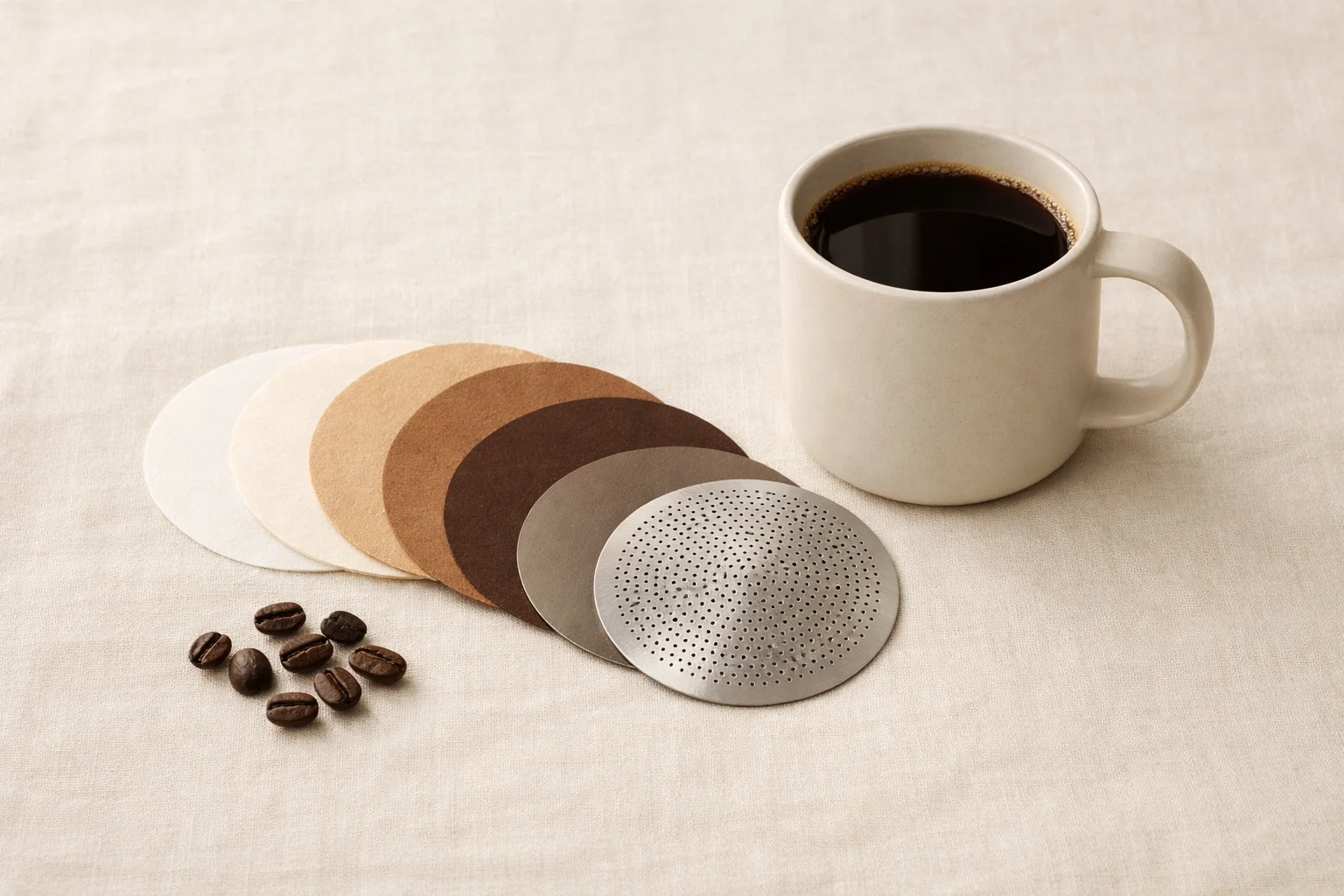 An AeroPress brewer beside stacked paper filters and a stainless steel reusable filter on a warm linen surface with scattered coffee beans and a small brewed cup.