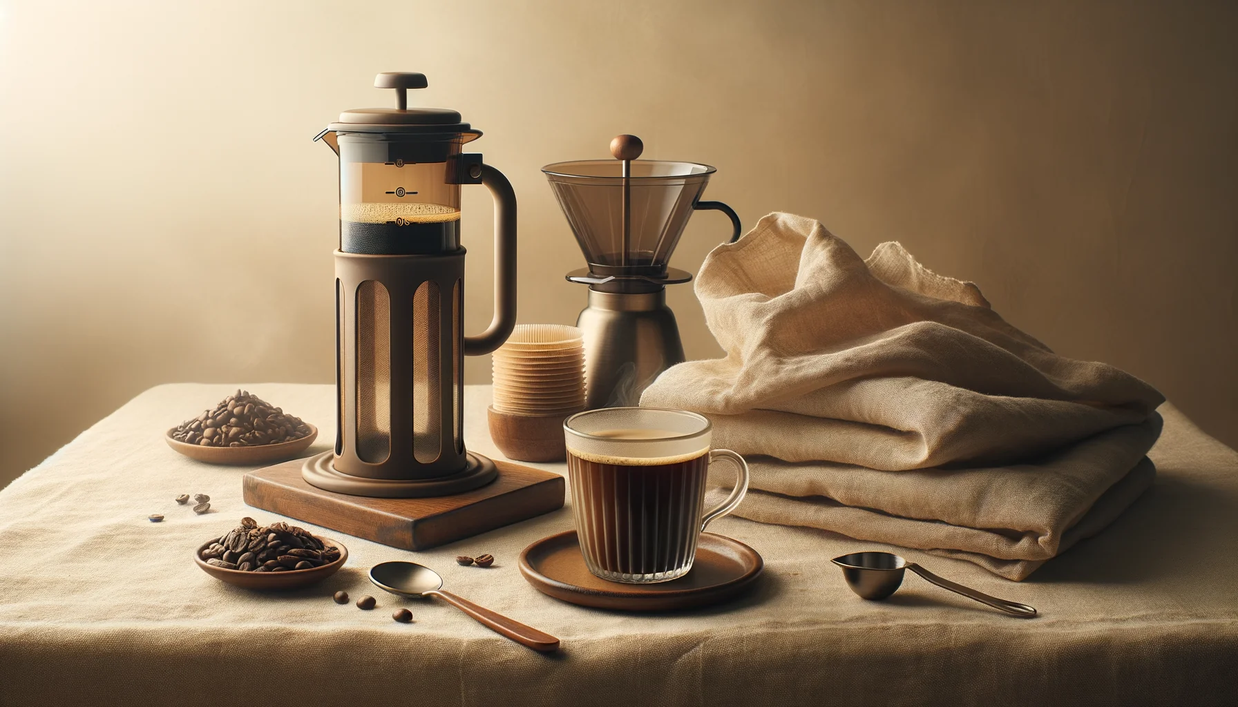 A glass French press beside a ceramic pour-over dripper, a mug of black coffee, and scattered coffee beans on a warm linen surface in soft light.