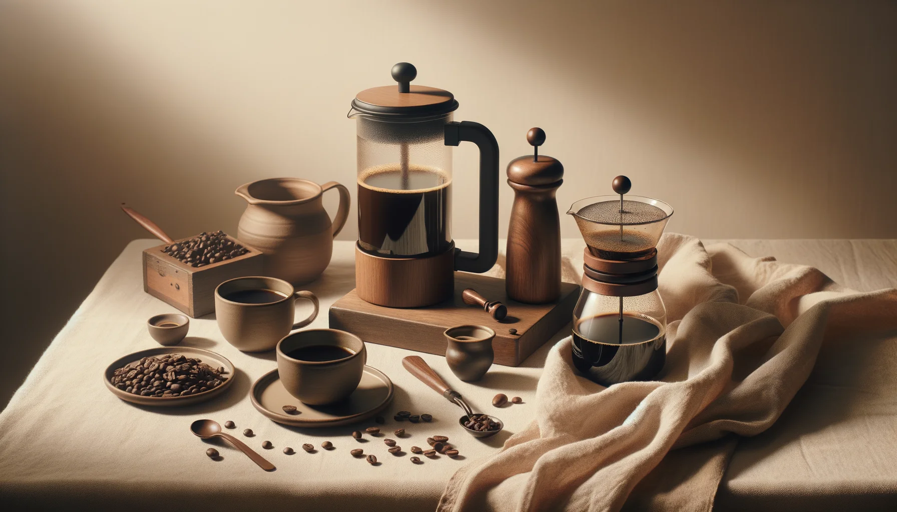 A glass French press and a compact plunger-style brewer side by side on a warm cream cloth with coffee cups, scattered beans, and soft morning light.