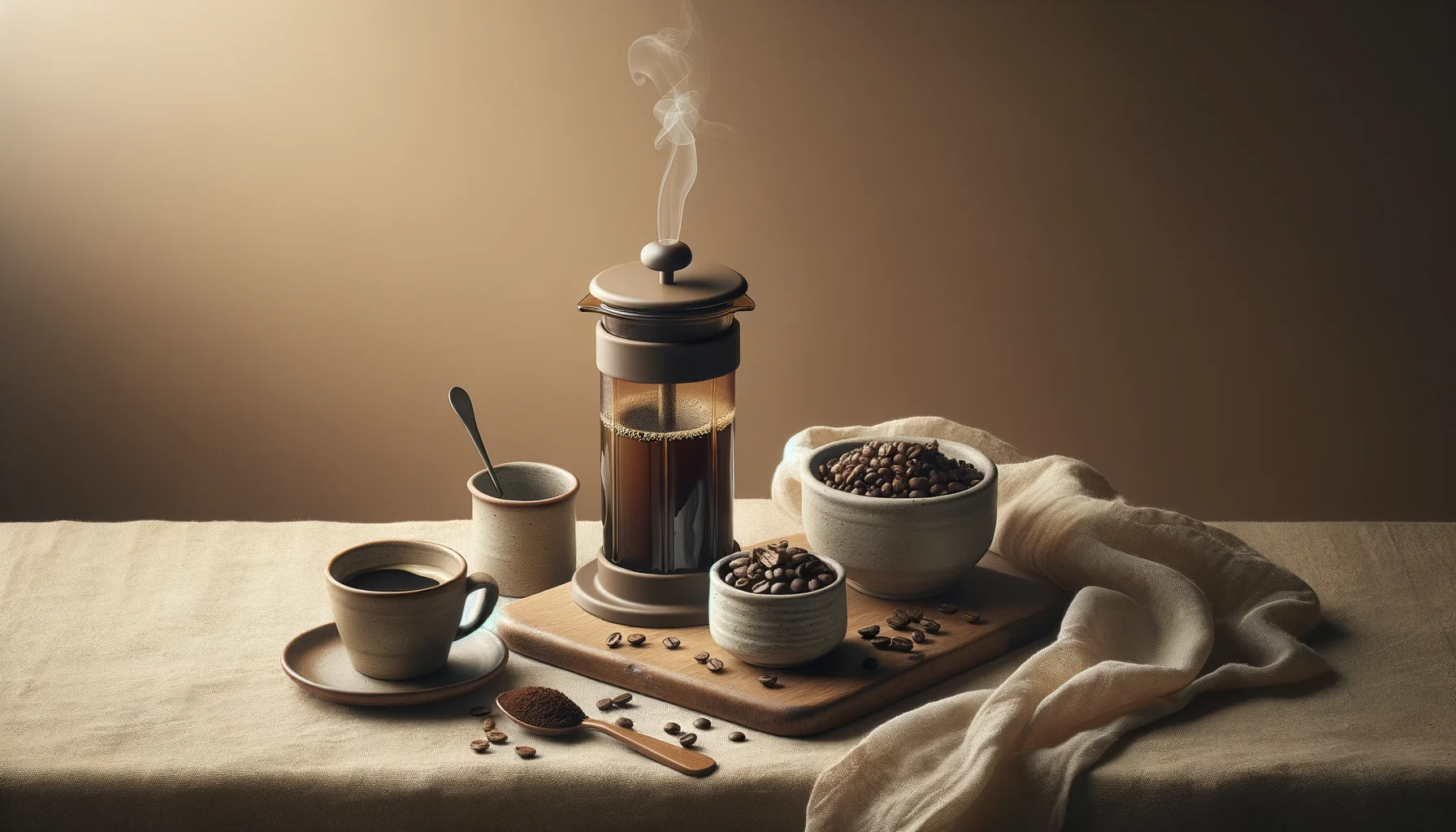 Unbranded coffee press and ceramic mug with fresh brewed coffee, beans, and ground coffee on a warm linen surface.