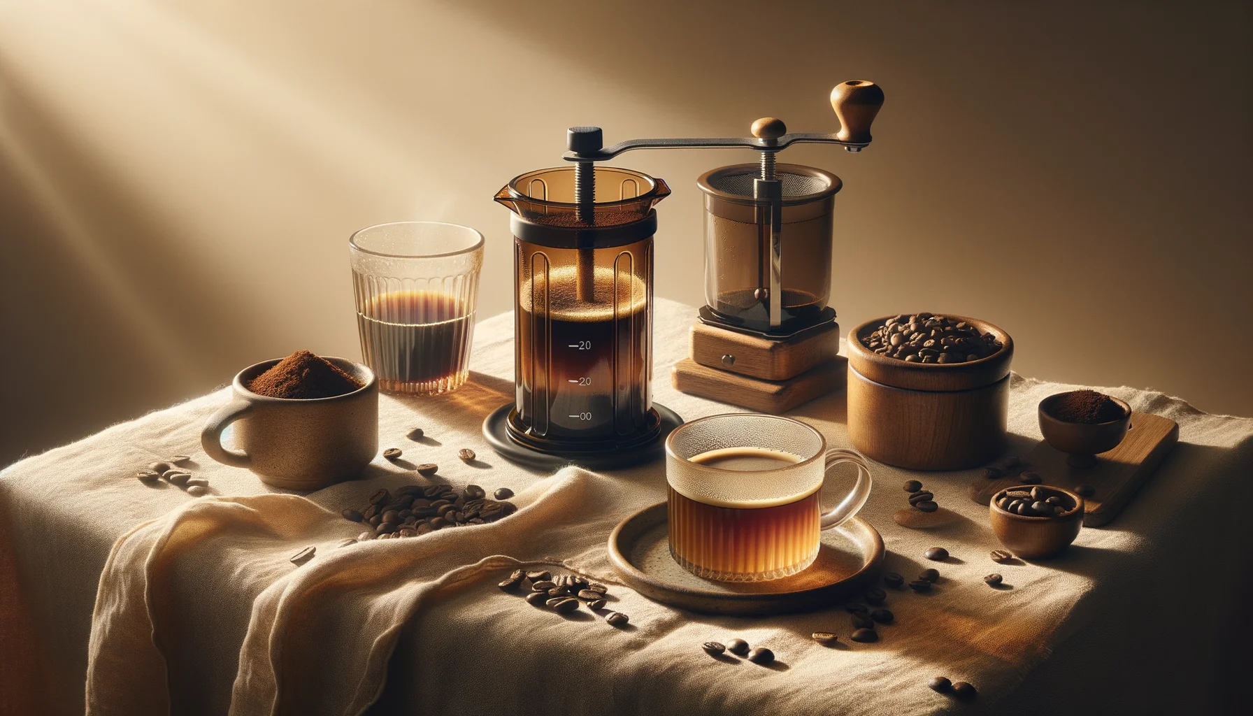 A glass French press beside a manual coffee grinder, glasses of brewed coffee, and a freshly brewed cup on a warm linen surface