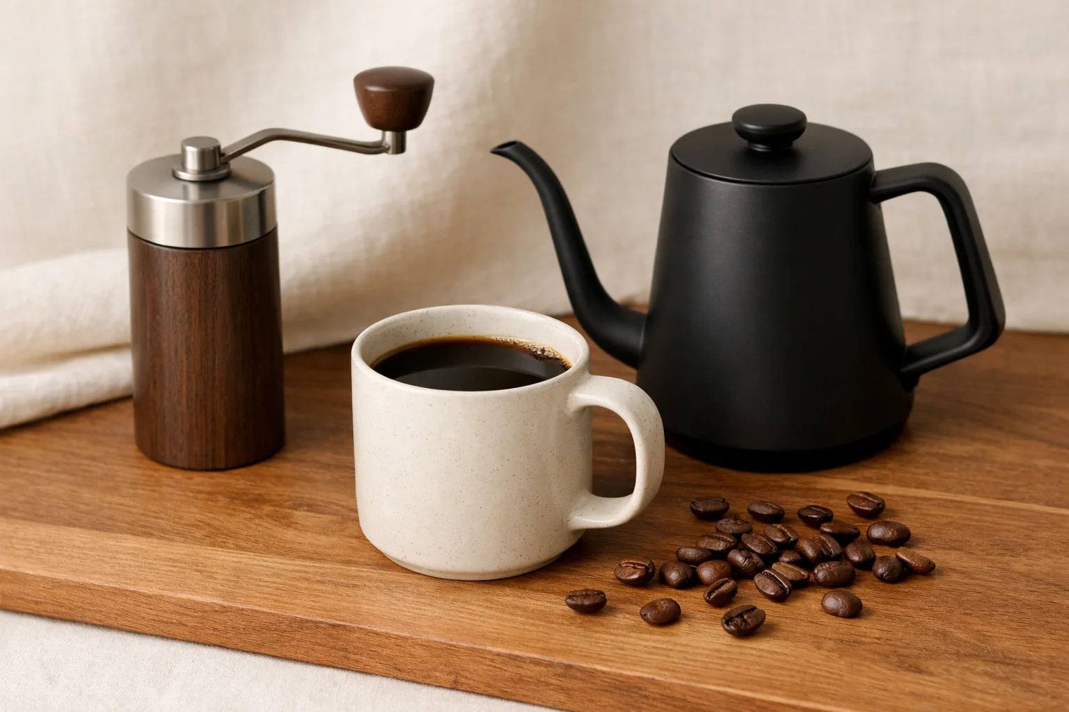 A modern coffee corner with a compact hand grinder, a mug of black coffee, a matte gooseneck kettle, and scattered coffee beans on a warm wooden surface.