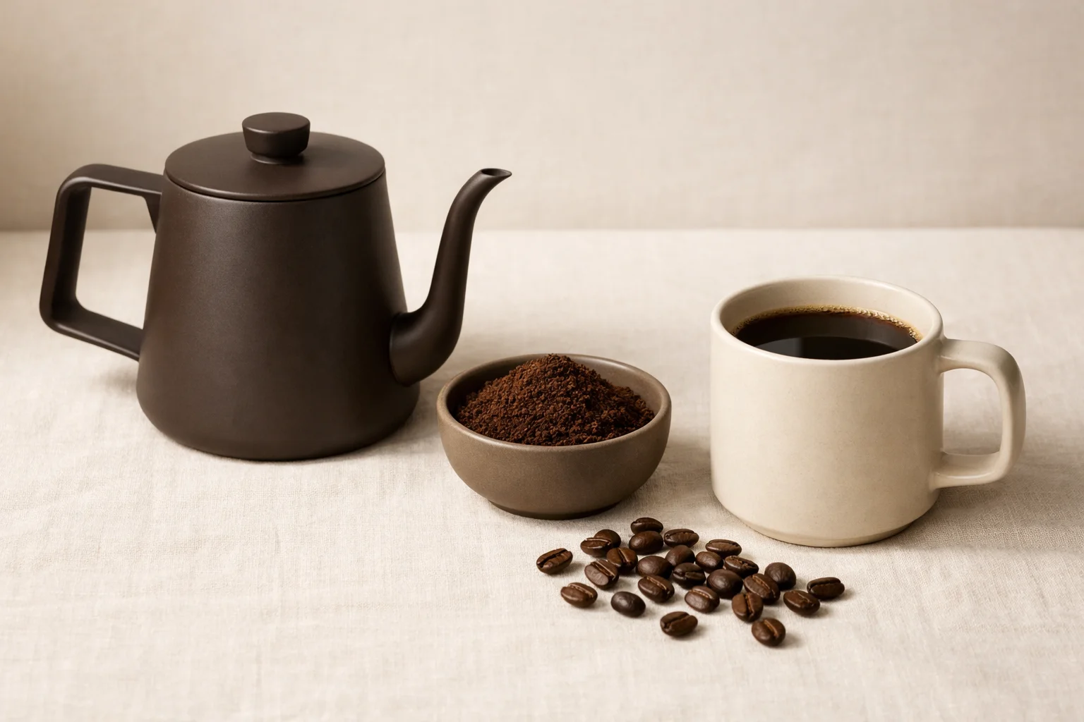A step-by-step style coffee scene with a matte gooseneck kettle, a bowl of fresh grounds, a mug of black coffee, and scattered coffee beans on a warm linen surface.
