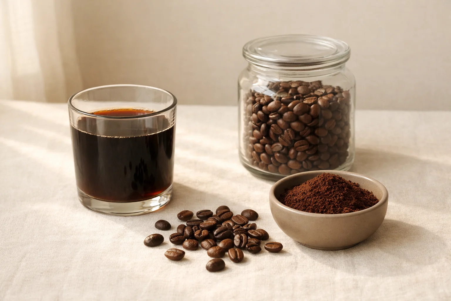 A warm coffee still life with a glass tumbler of dark coffee, a jar of roasted beans, a bowl of grounds, and scattered coffee beans on a cream surface.