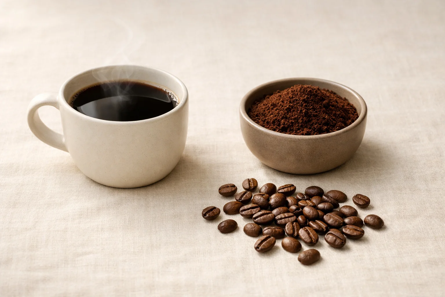 A warm editorial coffee still life with a cup of black coffee, a bowl of fresh grounds, and scattered coffee beans on a cream linen countertop.