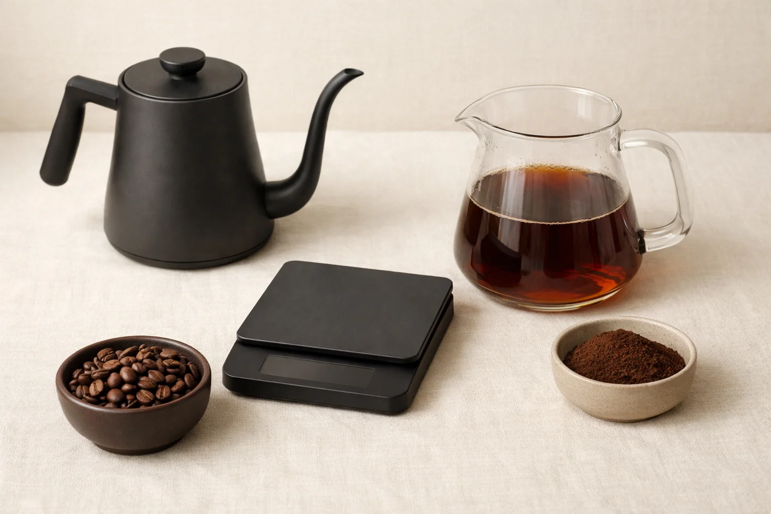 A ratio-brewing coffee setup with a matte gooseneck kettle, a compact scale, a glass server of coffee, and bowls of beans and grounds on a warm cream linen surface.