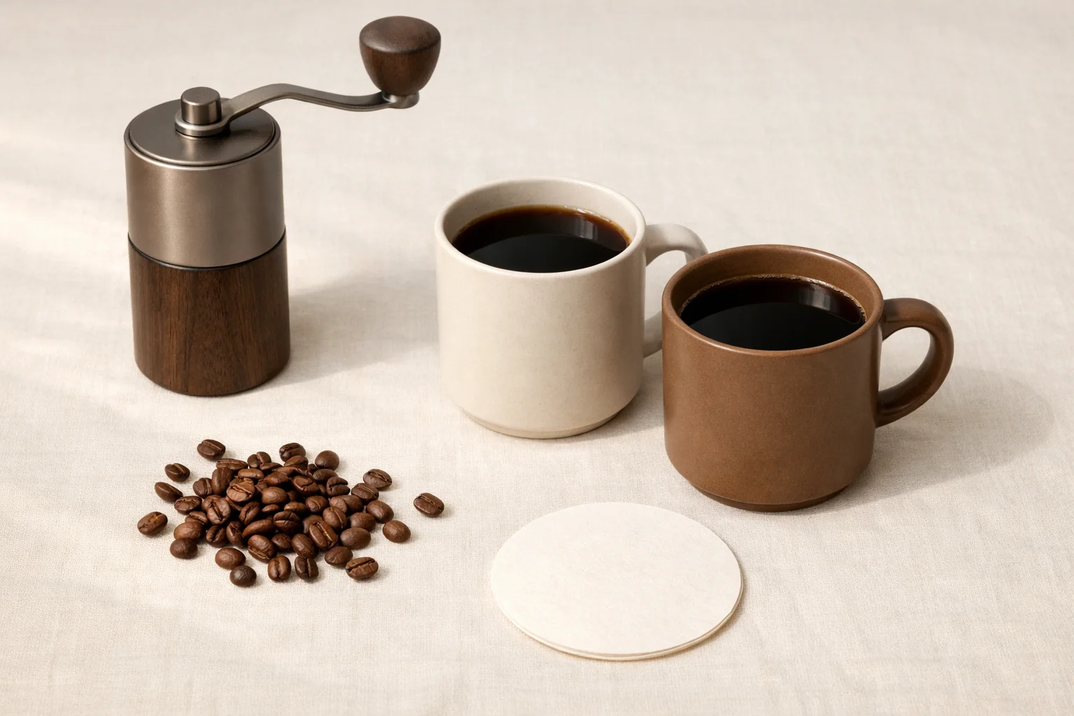 A warm editorial coffee scene with a hand grinder, two mugs of black coffee, a paper filter, and scattered coffee beans on a cream linen surface.