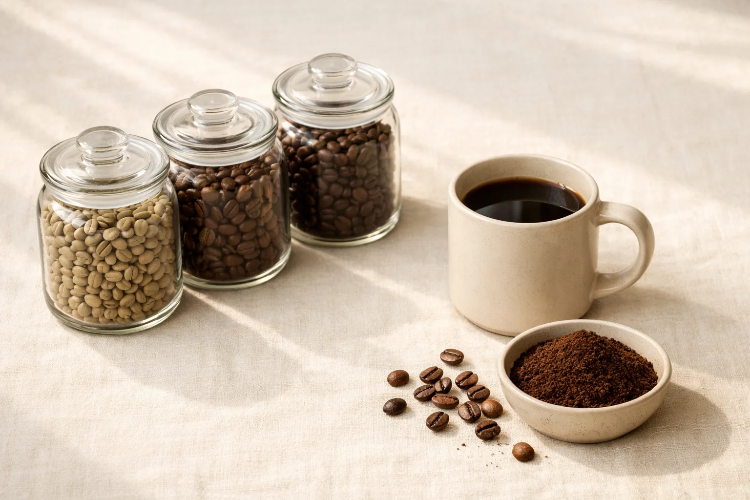 A warm editorial coffee still life with jars of green and roasted beans, a mug of black coffee, and a bowl of ground coffee on a cream linen countertop in soft morning light.