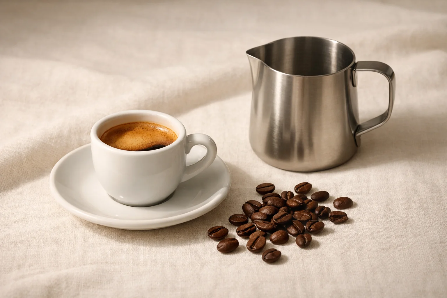 A small cup of espresso with golden crema beside a stainless milk pitcher and scattered coffee beans on a warm cream linen surface.