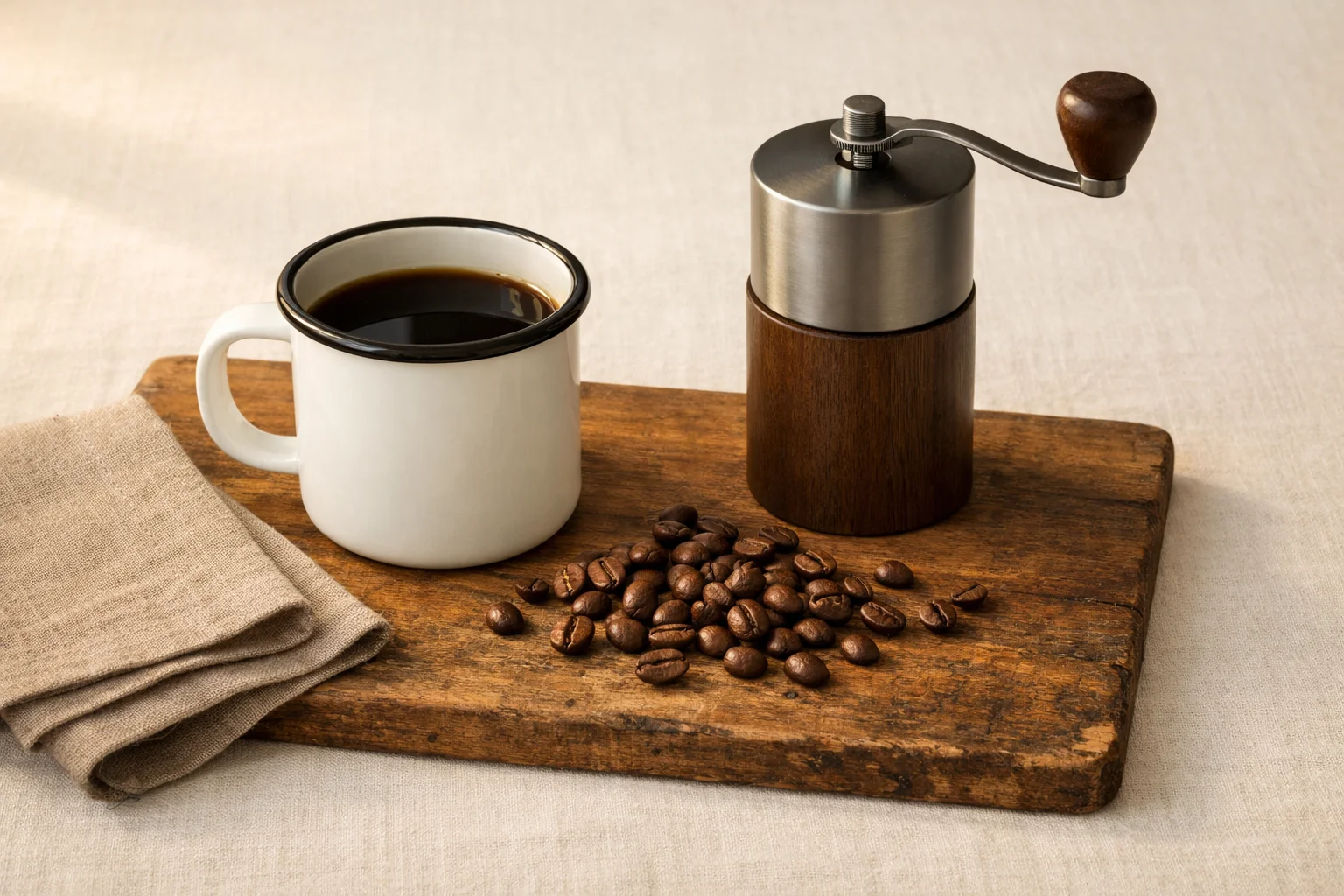 A simple camp-style coffee setup with an enamel mug of black coffee, a compact hand grinder, and scattered coffee beans on a rustic wooden board in warm morning light.