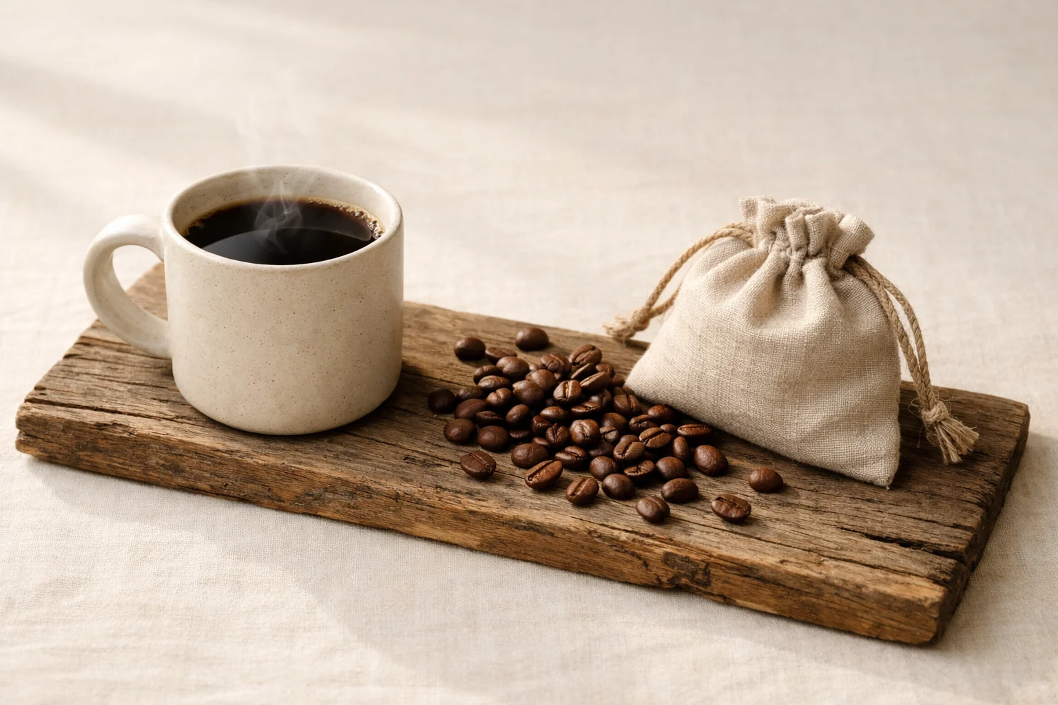 A trail-style coffee scene with a stoneware mug of black coffee, scattered coffee beans, and a small linen pouch on a weathered wooden plank in warm morning light.