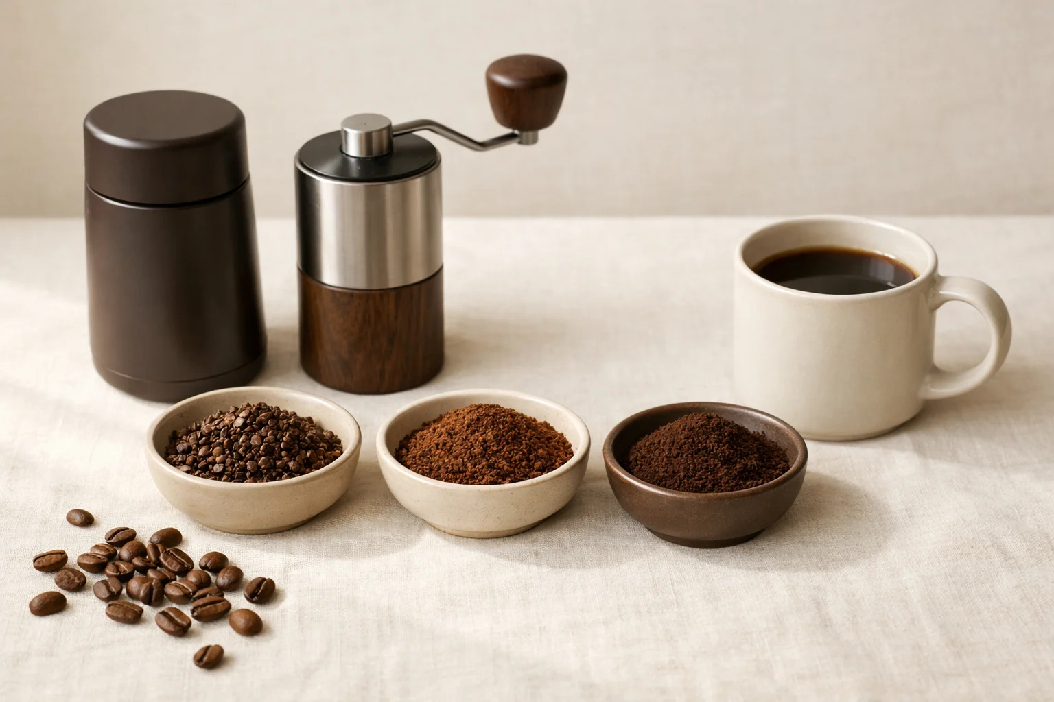 A coffee grind comparison with a hand grinder and bowls of coarse, medium, and fine grounds beside a mug of black coffee on a warm cream linen surface.