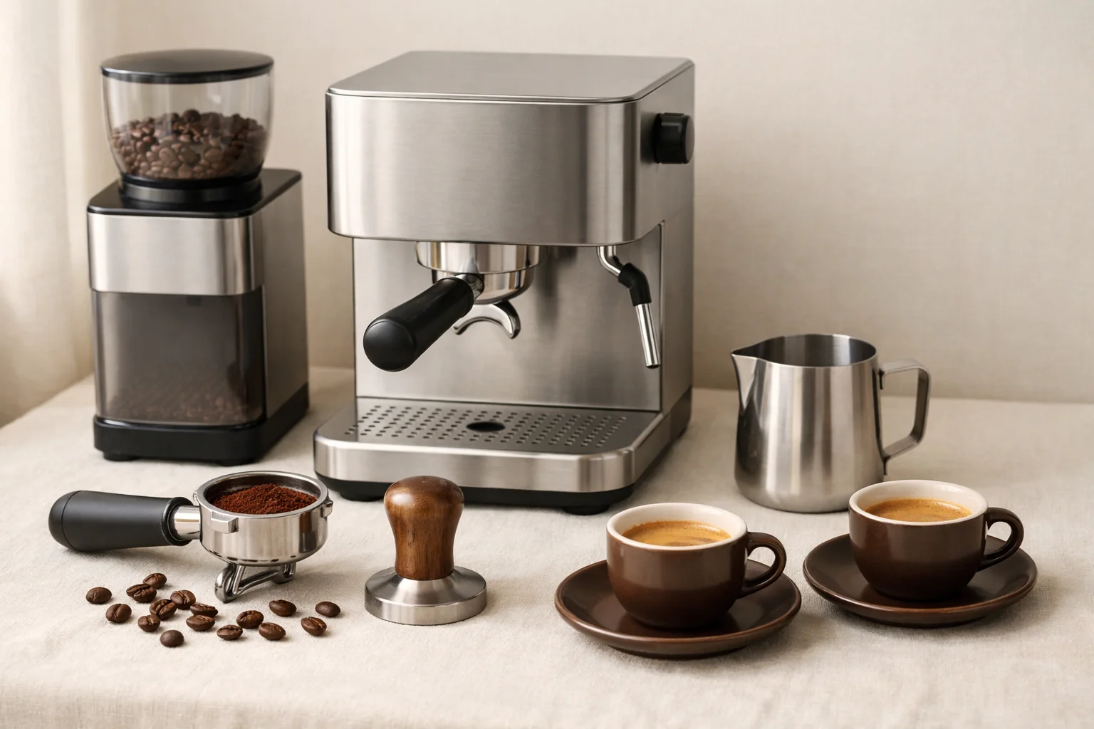 A non-branded stainless espresso machine with built-in grinder, portafilter, tamper, milk pitcher, coffee beans, and cups of espresso on a warm cream surface.