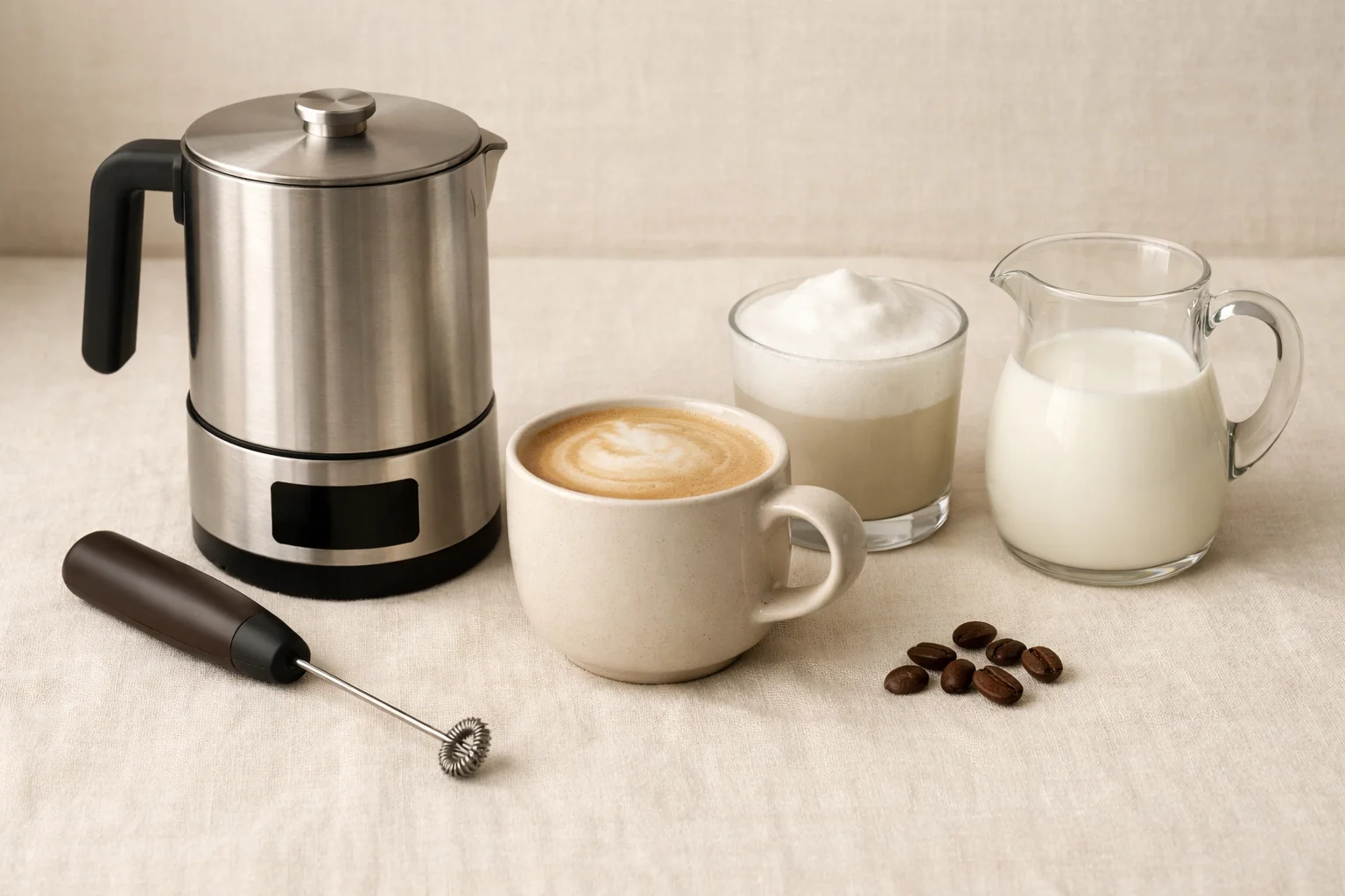 Stainless steel milk frother beside a foamy latte, cold foam glass, handheld frothing wand, and oat milk on a warm cream linen surface.
