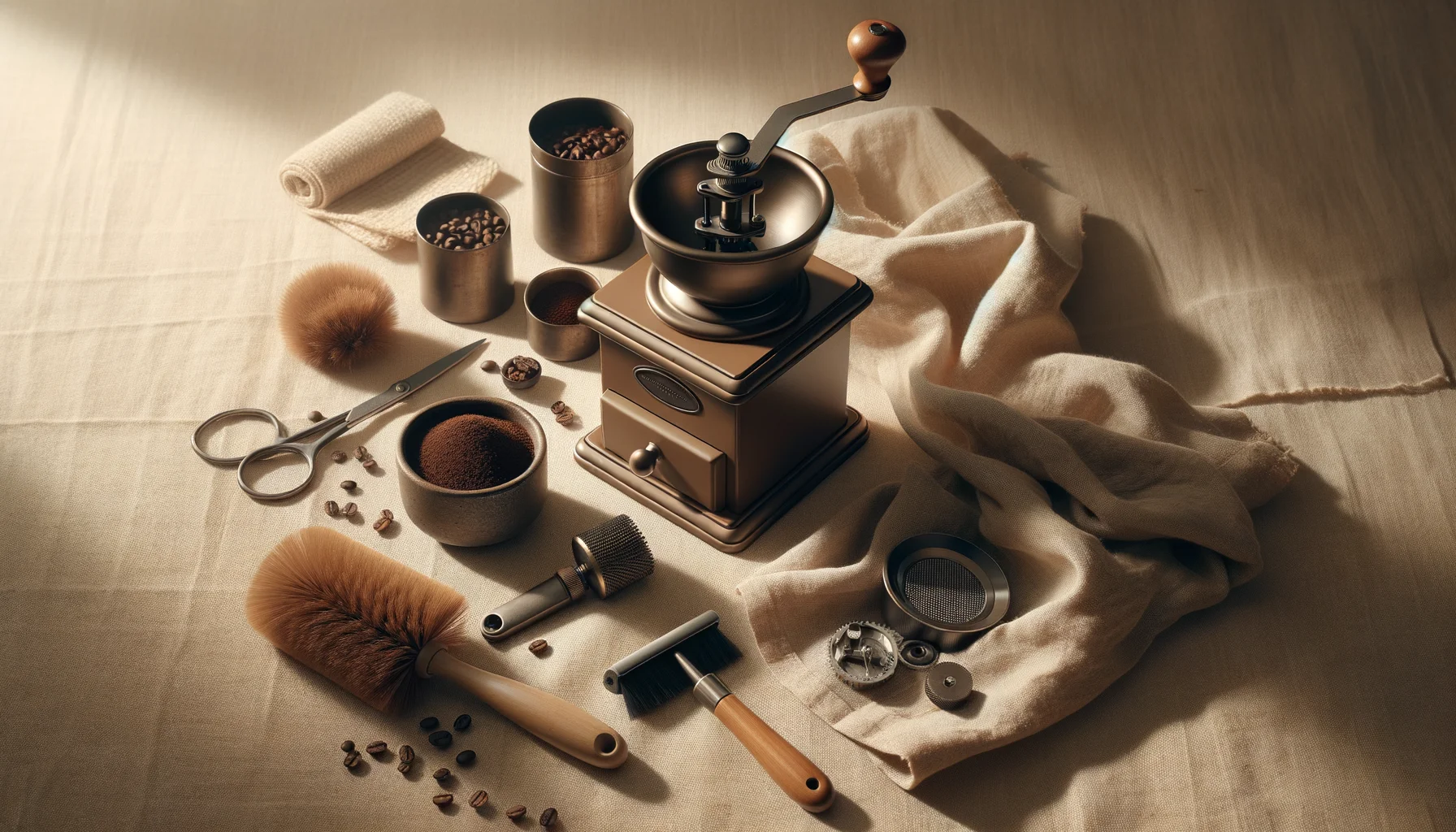 An opened burr coffee grinder with a cleaning brush, loose beans, and a cloth on a warm cream surface