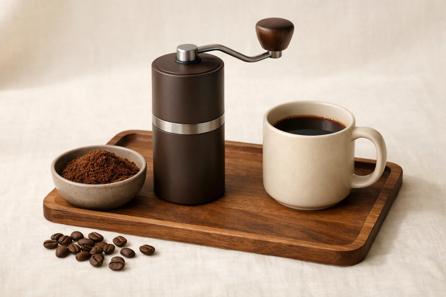 A row of coffee grinders on a warm cream surface with bowls of coarse, medium, and espresso-fine grounds beside coffee beans and a ceramic mug.