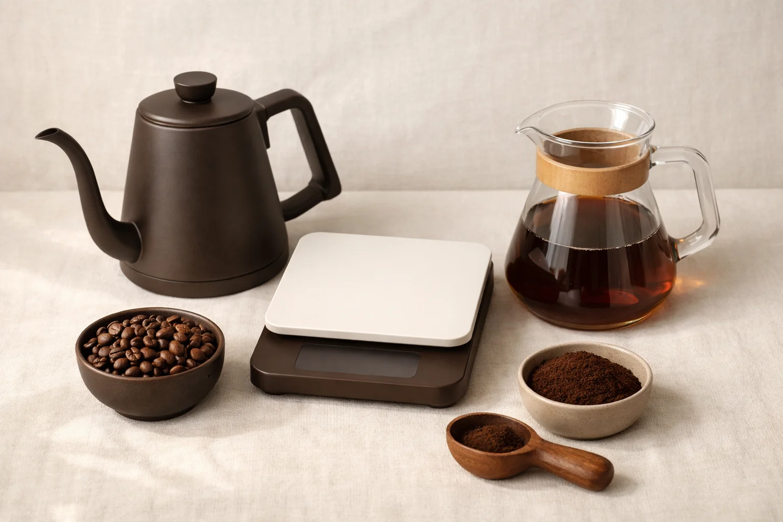 A coffee-ratio setup with a gooseneck kettle, a kitchen scale, a glass server of brewed coffee, and small bowls of beans and ground coffee on a cream linen surface.