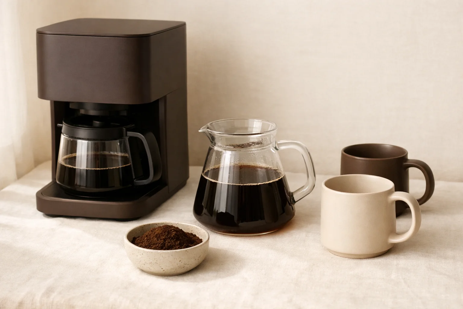 A grind-and-brew coffee maker beside a glass carafe, coffee beans, and a steaming mug on a warm cream countertop.