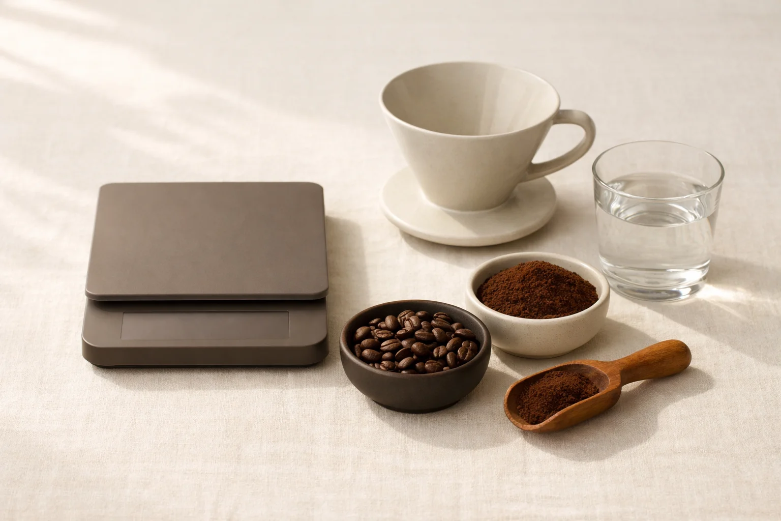 A compact digital coffee scale set between an espresso cup and a glass pour-over dripper with a small carafe on a warm linen countertop
