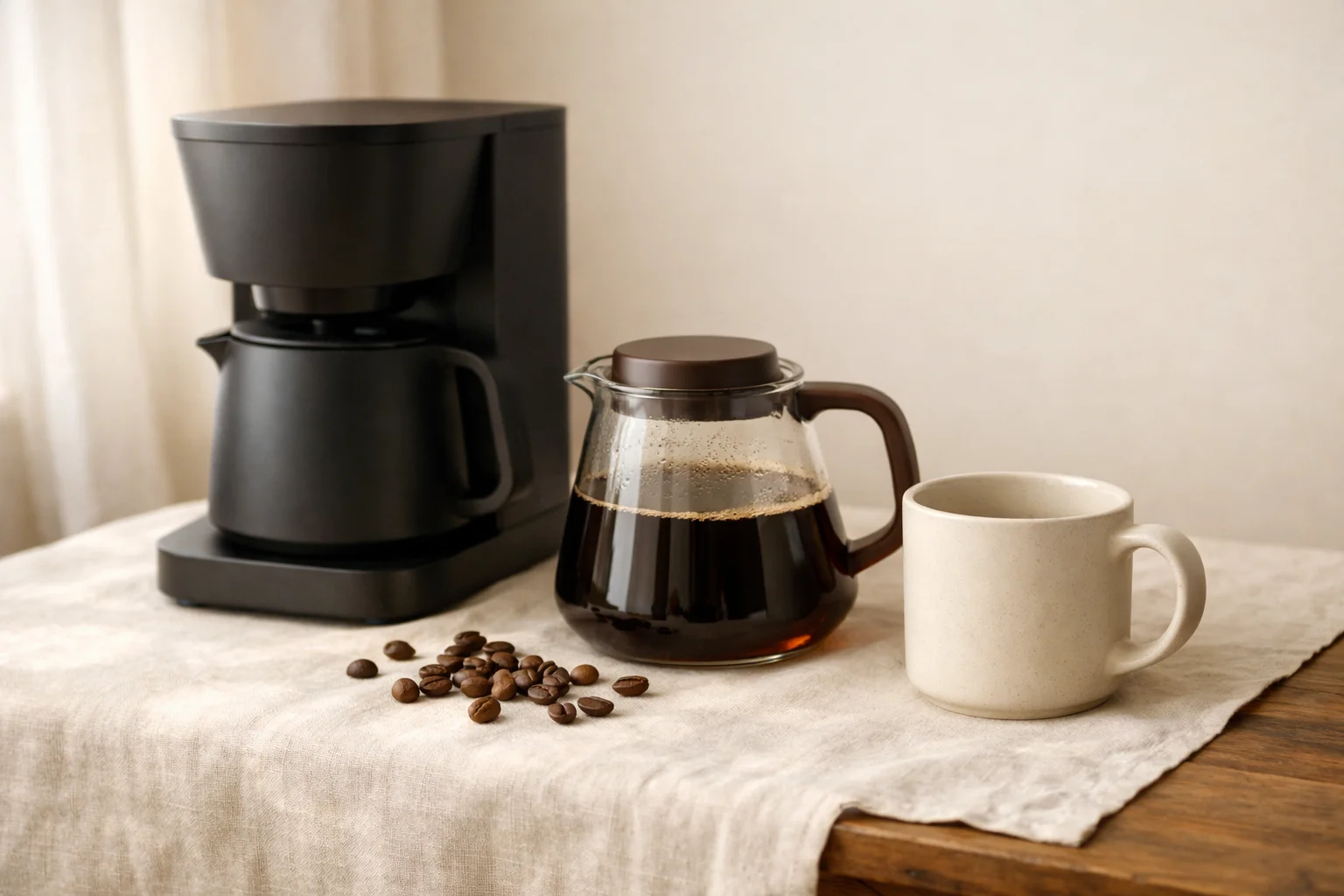 A drip coffee maker pouring fresh coffee into a ceramic mug on a cream linen surface with scattered beans and warm morning light.