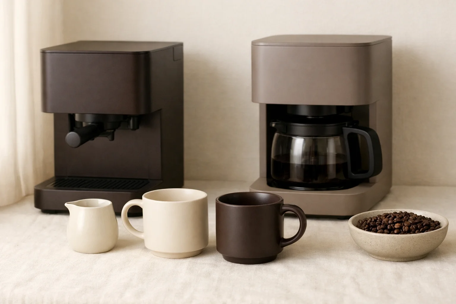 A drip coffee maker and a compact single-serve machine side by side with two ceramic mugs and scattered coffee beans on a warm linen surface.