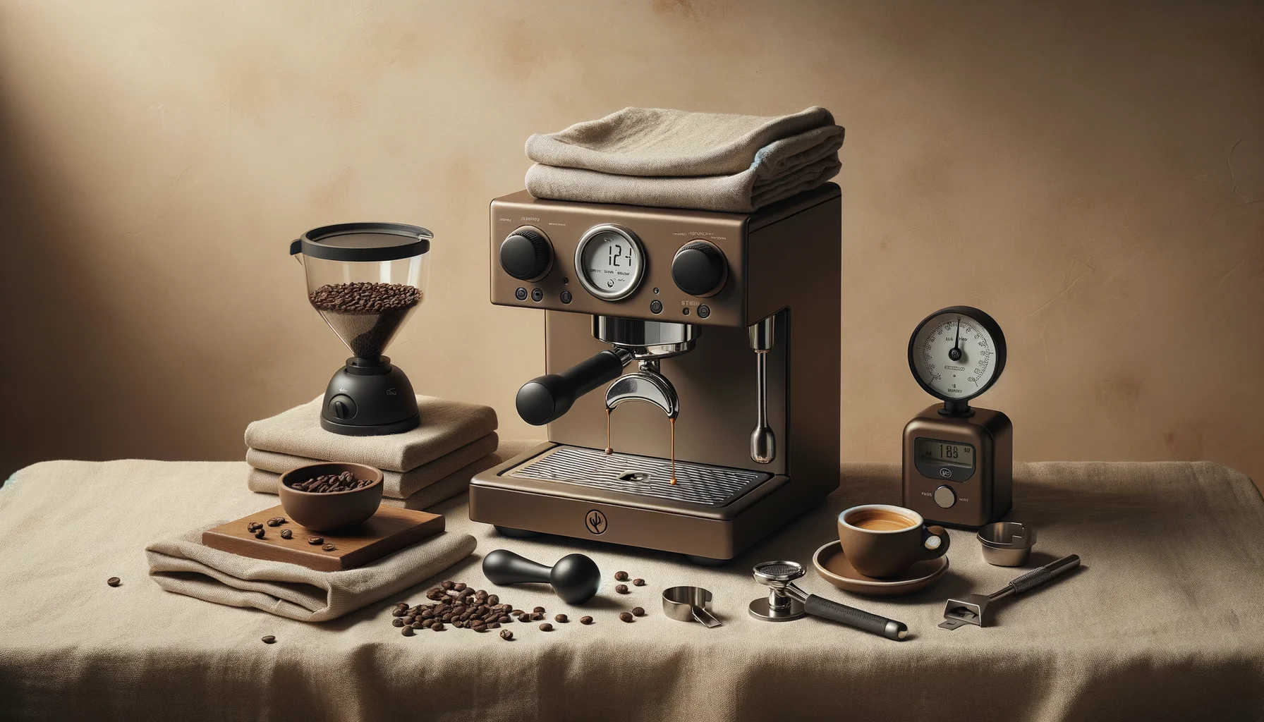 Home espresso setup with a compact machine, coffee scale, tamper, WDT tool, dosing funnel, and knock box on a warm linen surface