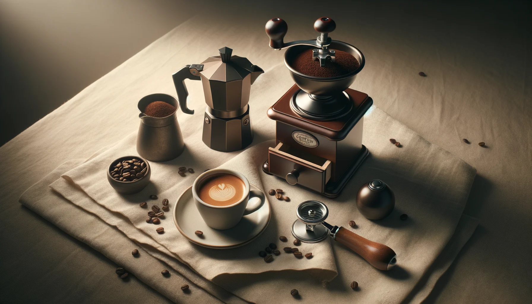 A burr espresso grinder beside a bottomless portafilter and a demitasse cup on a cream linen surface with coffee beans.