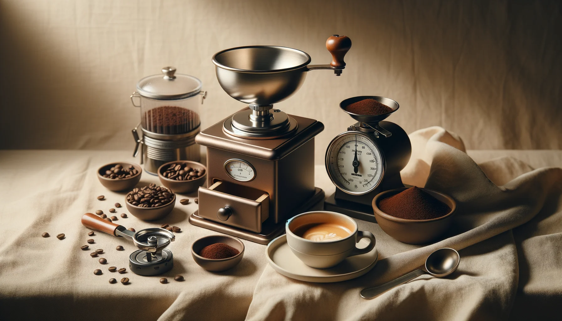 A burr grinder beside a portafilter, espresso cup, scale, and small bowls showing different espresso grind sizes on a warm cream surface