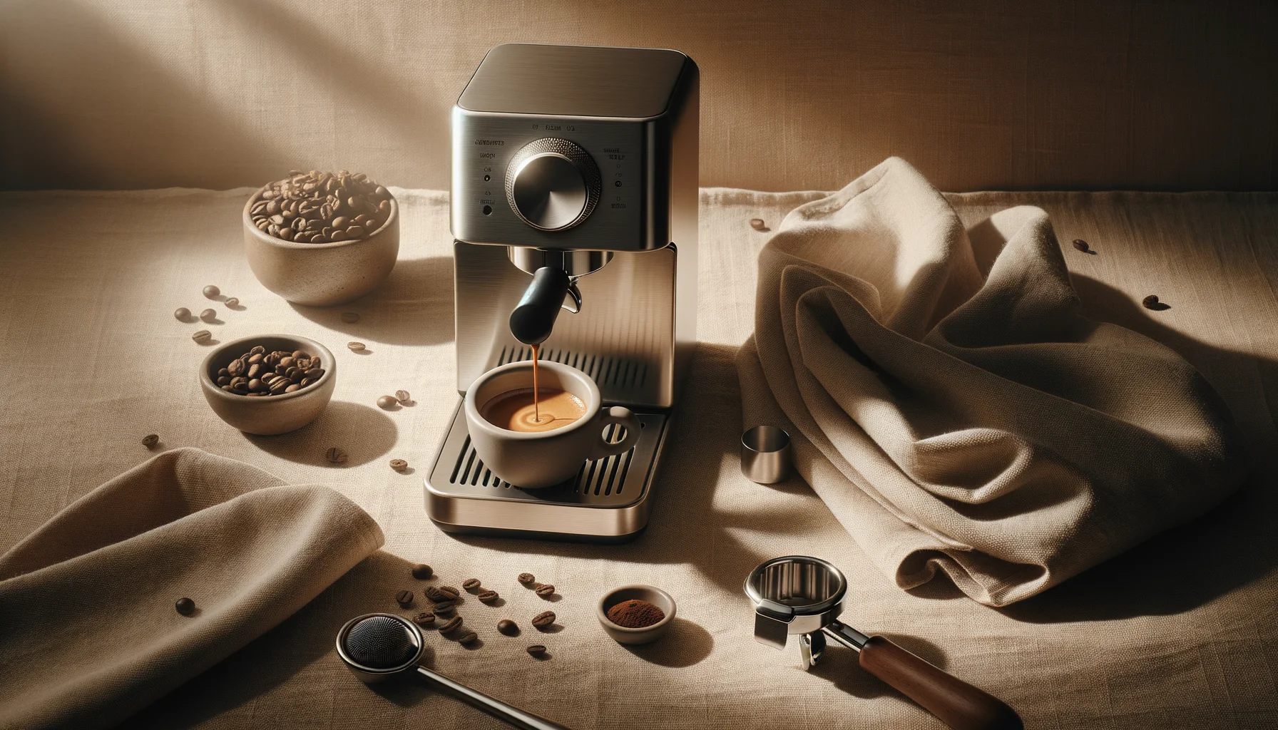 A compact stainless espresso machine pulling a shot into a white demitasse cup beside a metal tamper and coffee beans on a cream linen surface.