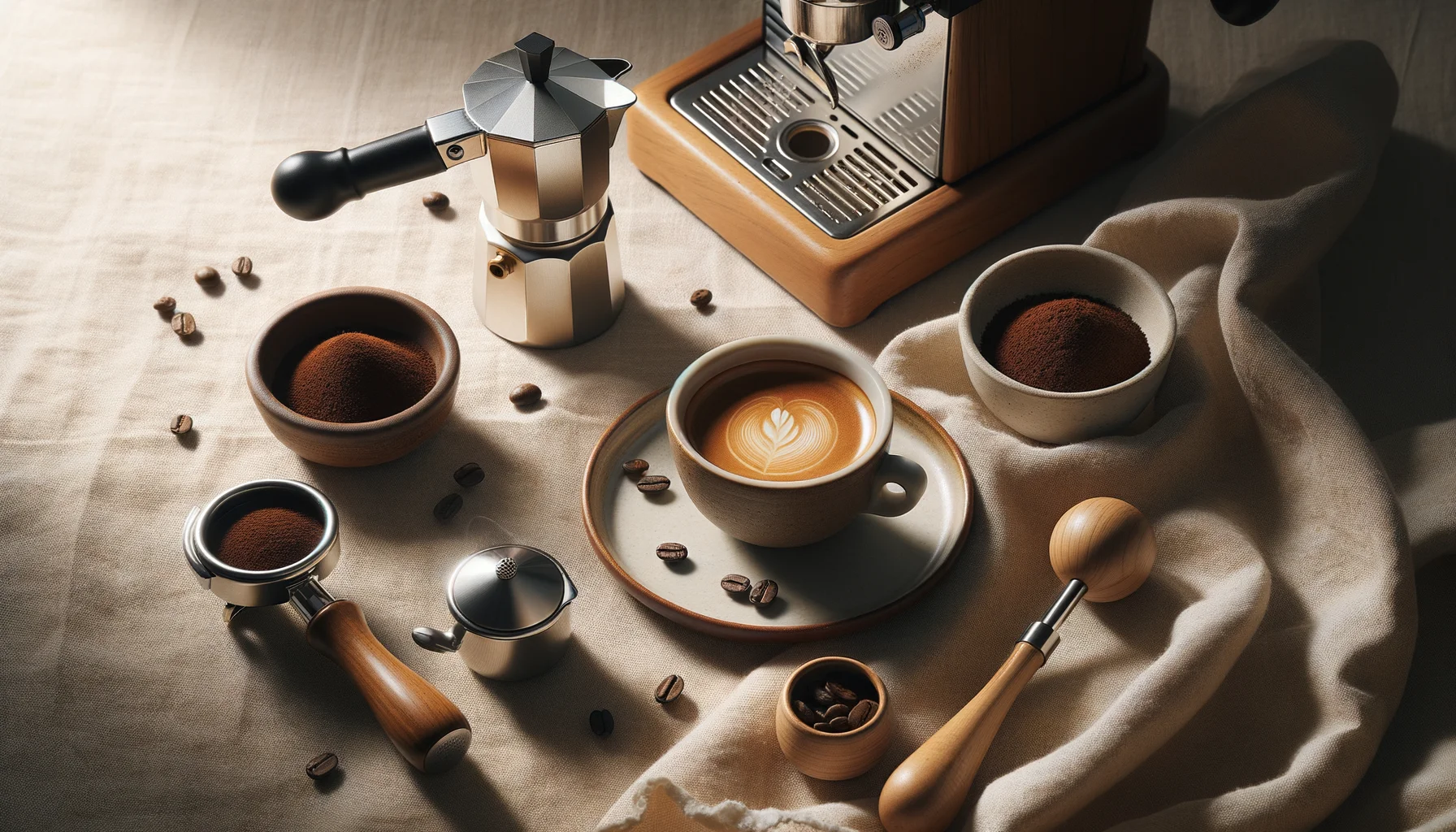 Bottomless portafilter extracting espresso into a white demitasse on a precision scale, with a tamper and bowls of different grind sizes beside it
