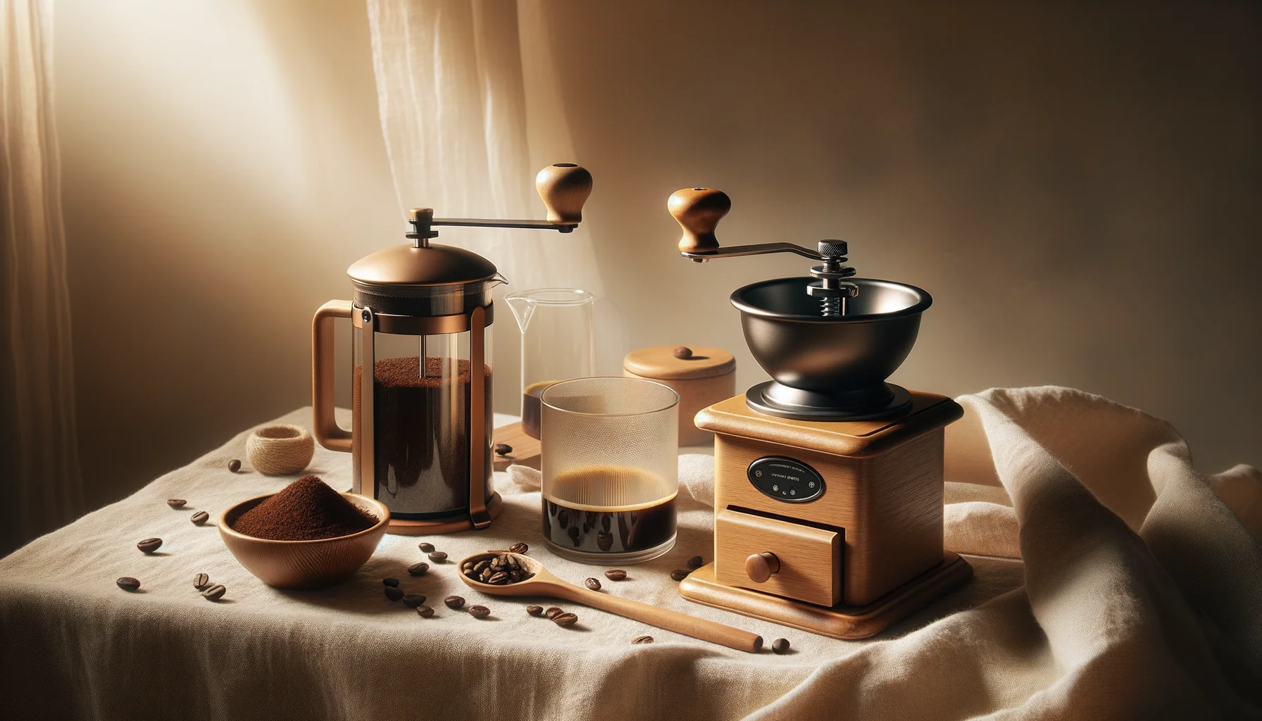 Manual and electric coffee grinders beside a glass French press with coarse grounds and scattered beans on a cream linen surface.