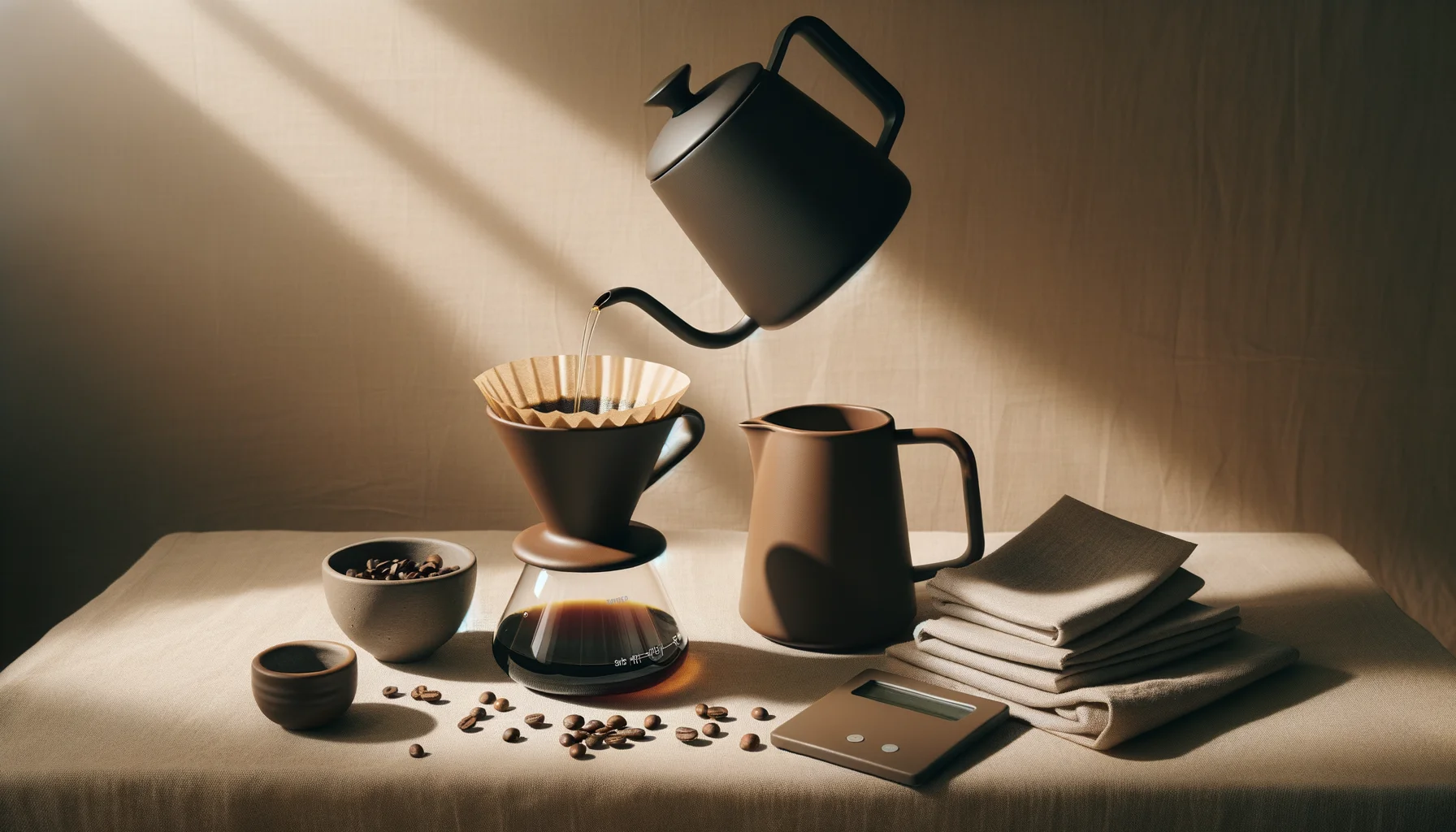 A matte black gooseneck kettle pouring into a ceramic dripper on a glass carafe with coffee beans and filter papers nearby.