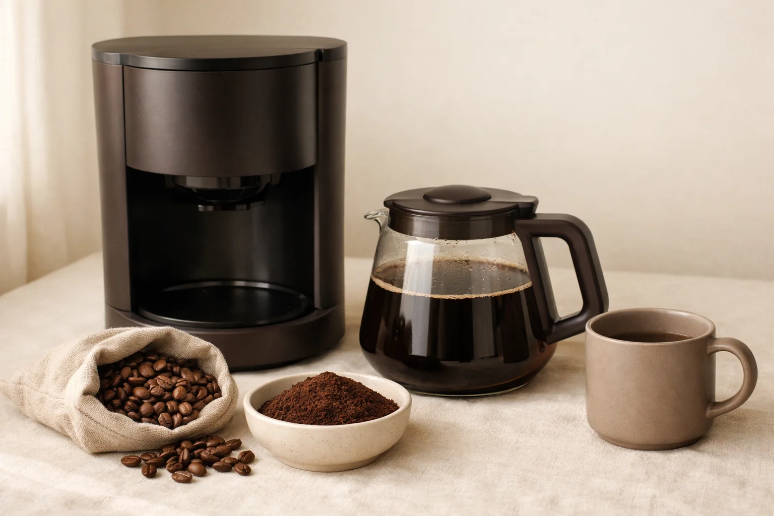 A compact grind-and-brew coffee maker beside a glass carafe, coffee beans, and a metal scoop on a cream linen surface in soft morning light.