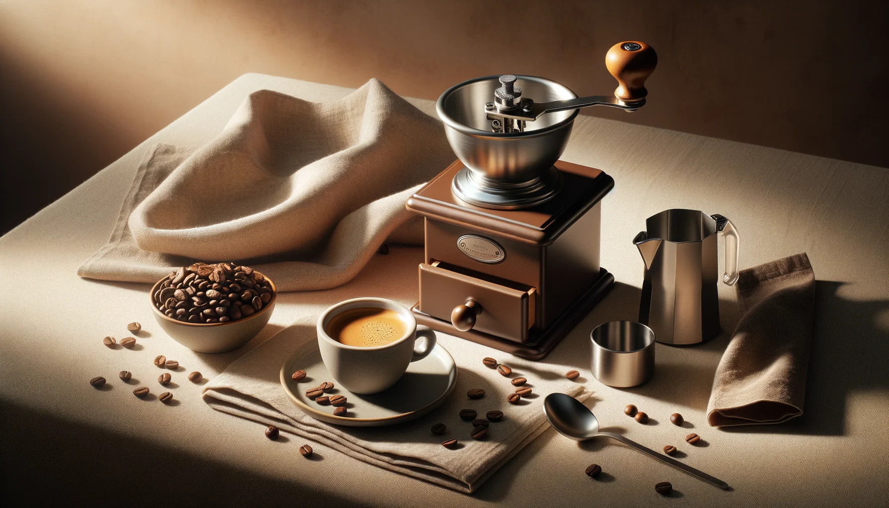 Manual hand grinder beside a bottomless portafilter and a demitasse of espresso on a warm linen surface with scattered coffee beans.