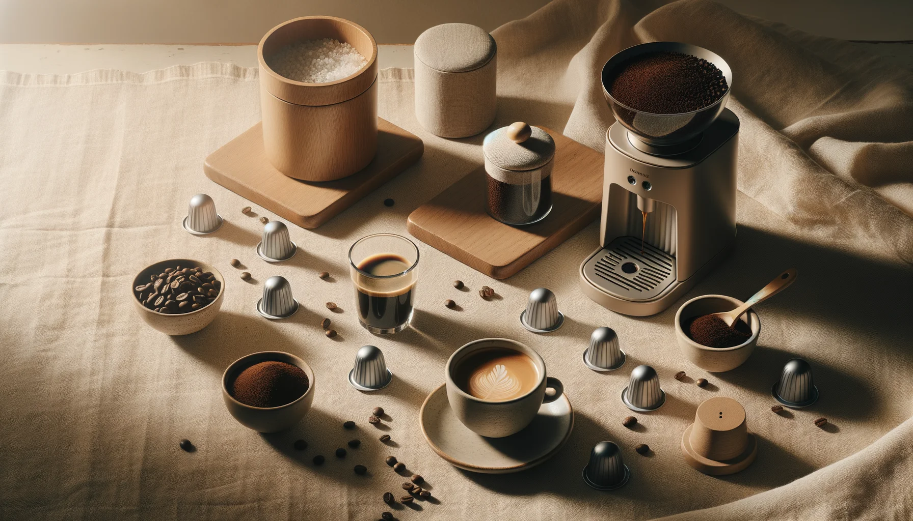 Fresh coffee pouring from a bean-and-pod brewing setup beside reusable pods, ground coffee bowls, and ceramic cups on a warm linen surface.