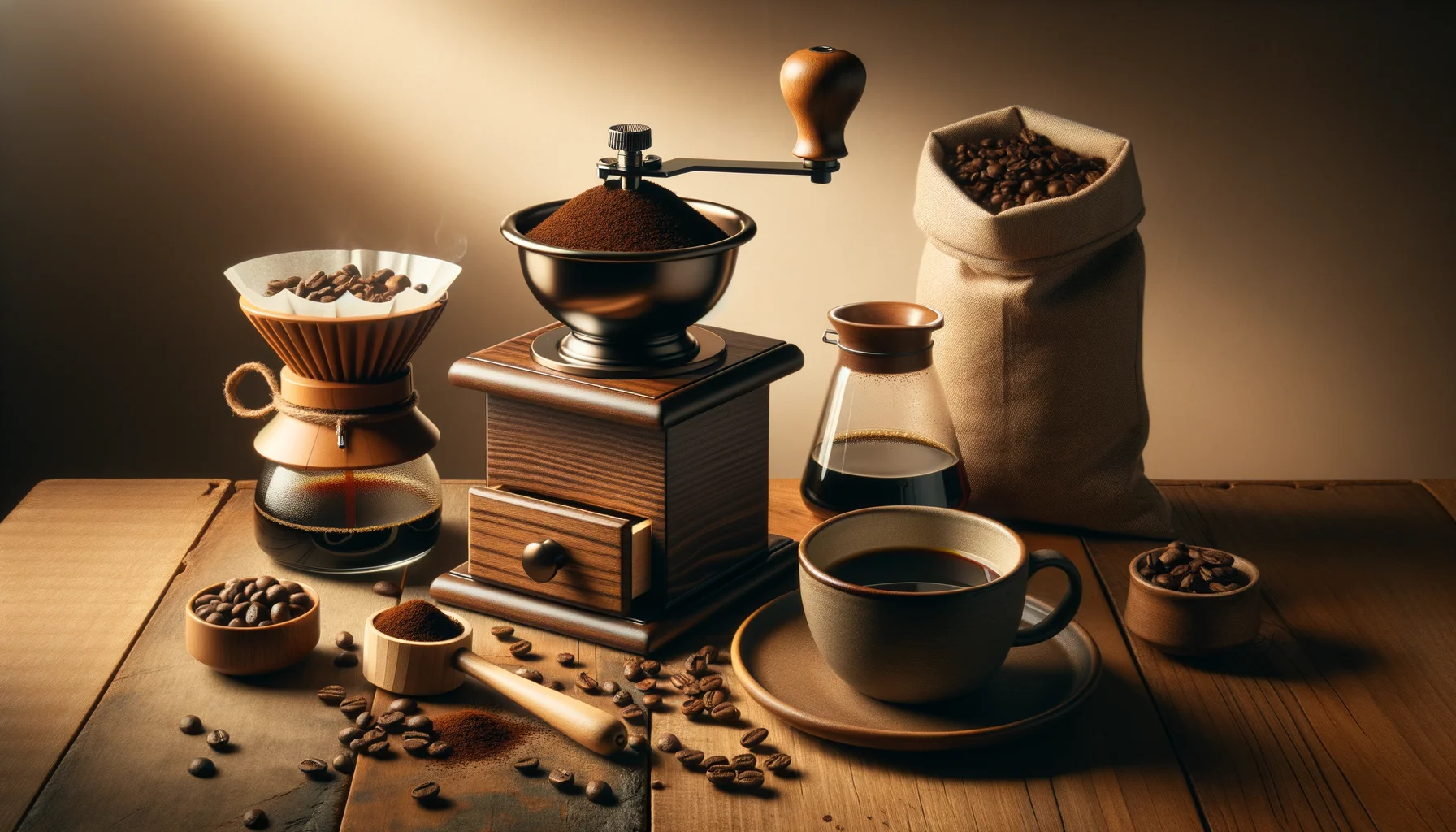 Manual coffee grinder on a wooden countertop with pour-over dripper, coffee beans, and a fresh cup of coffee