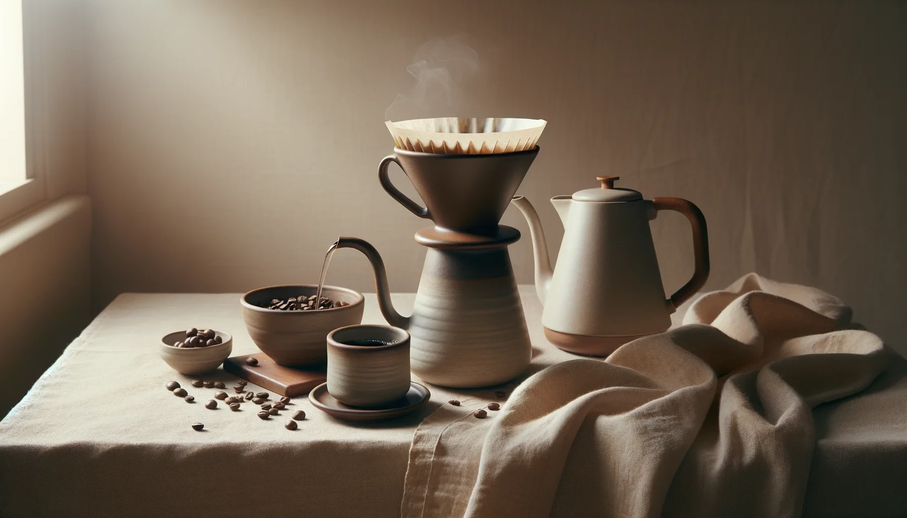 A ceramic pour-over dripper brewing into a glass carafe beside a gooseneck kettle and scattered coffee beans on a warm linen surface.