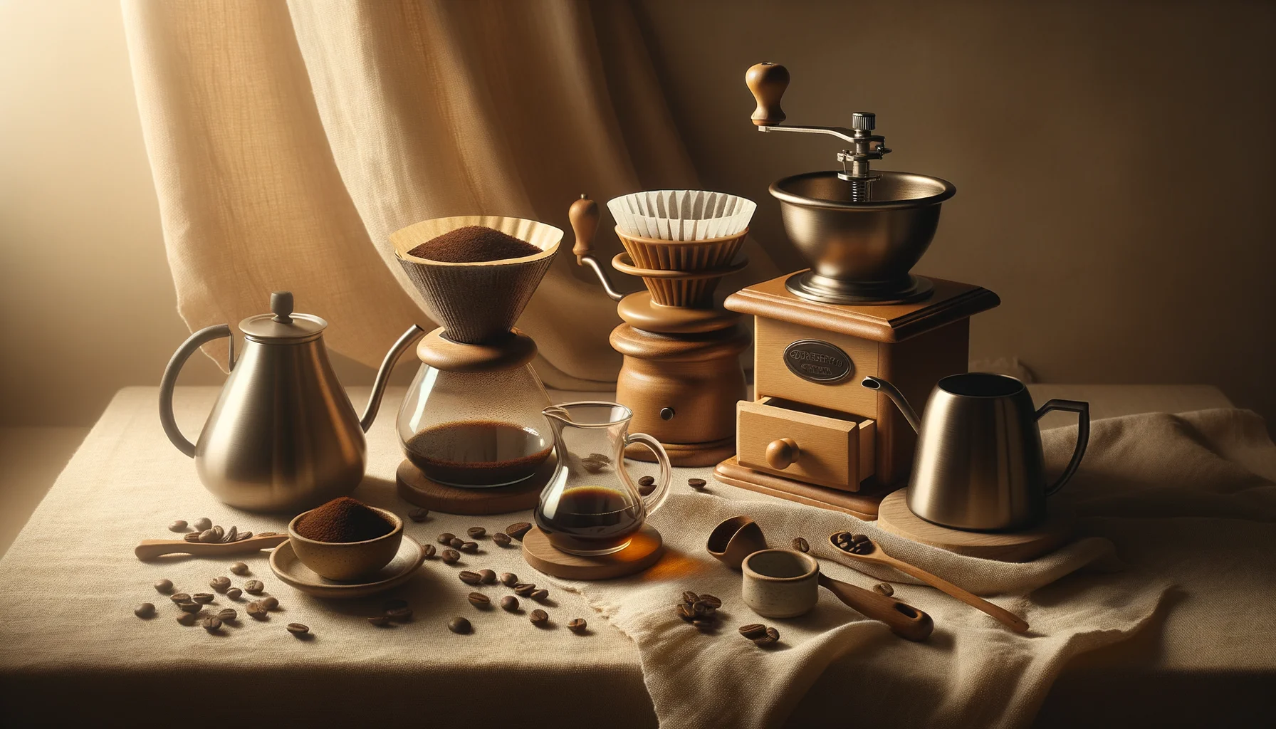 A manual coffee grinder beside a ceramic cone dripper, a glass carafe, and a gooseneck kettle on a warm linen surface with scattered coffee beans.