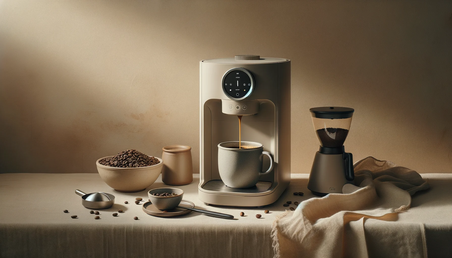A single-serve coffee machine brewing into a ceramic mug beside a burr grinder and roasted coffee beans on a linen-covered counter.