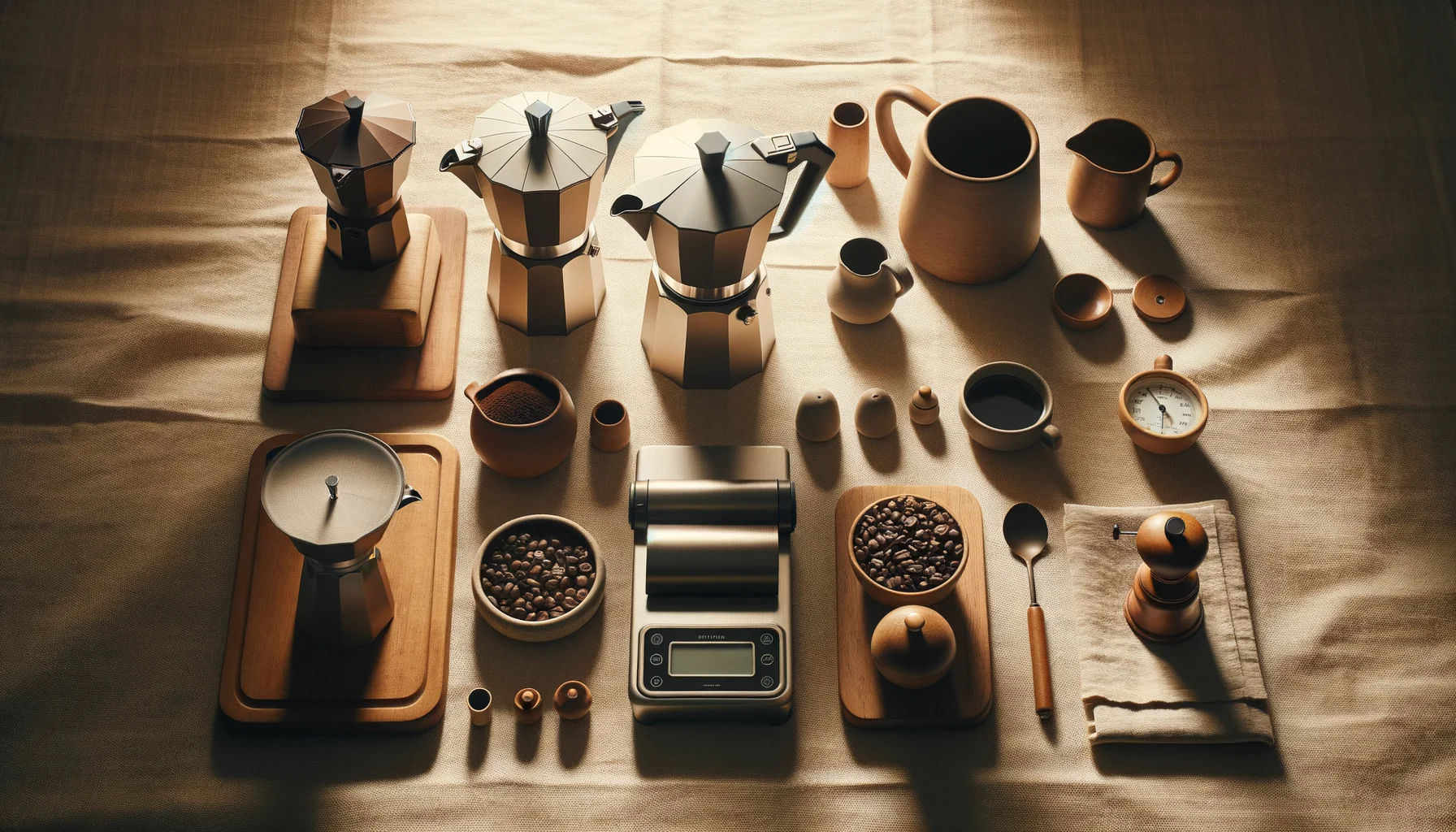 Curated flat lay of coffee gear including moka pots, grinders, scales, and kettles
