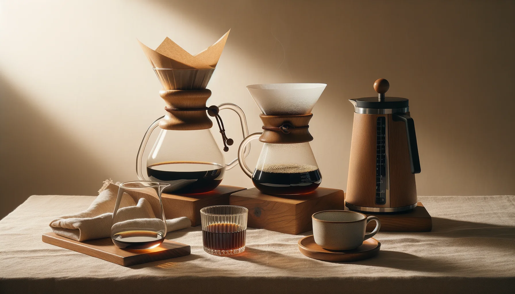 Chemex, V60 dripper, and French press arranged with freshly brewed coffee
