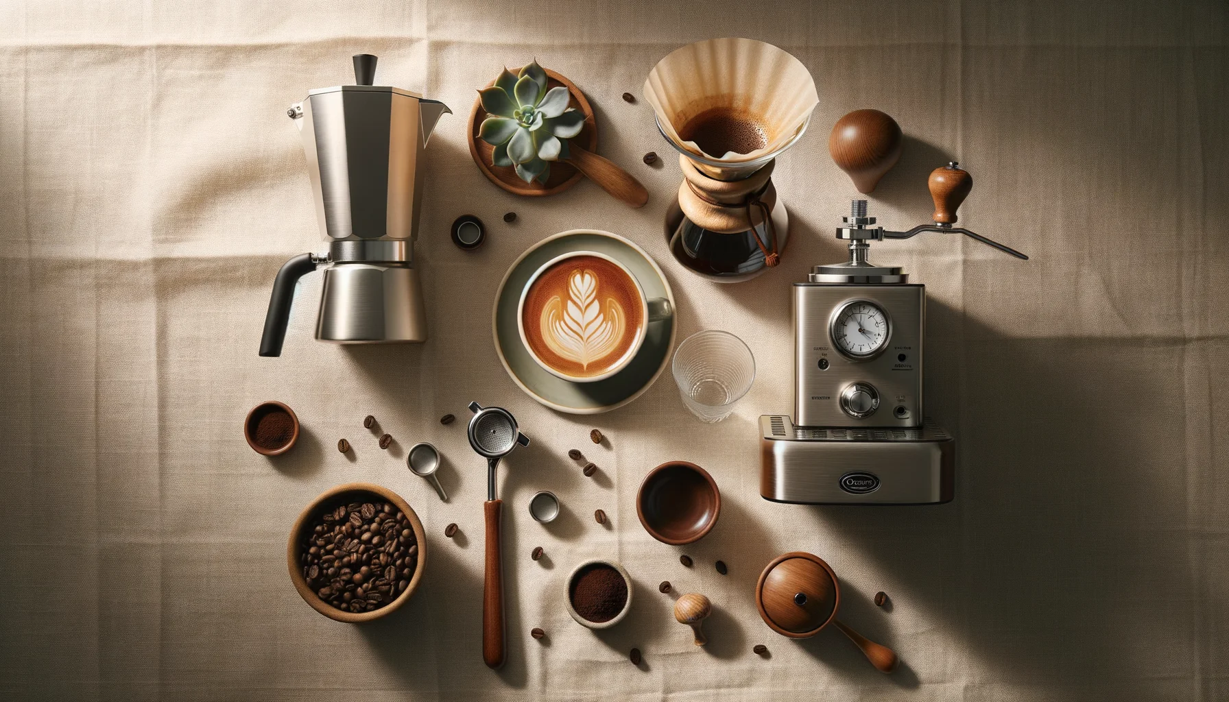Flat lay of premium coffee gear including an espresso maker, burr grinder, pour-over brewer, and latte art